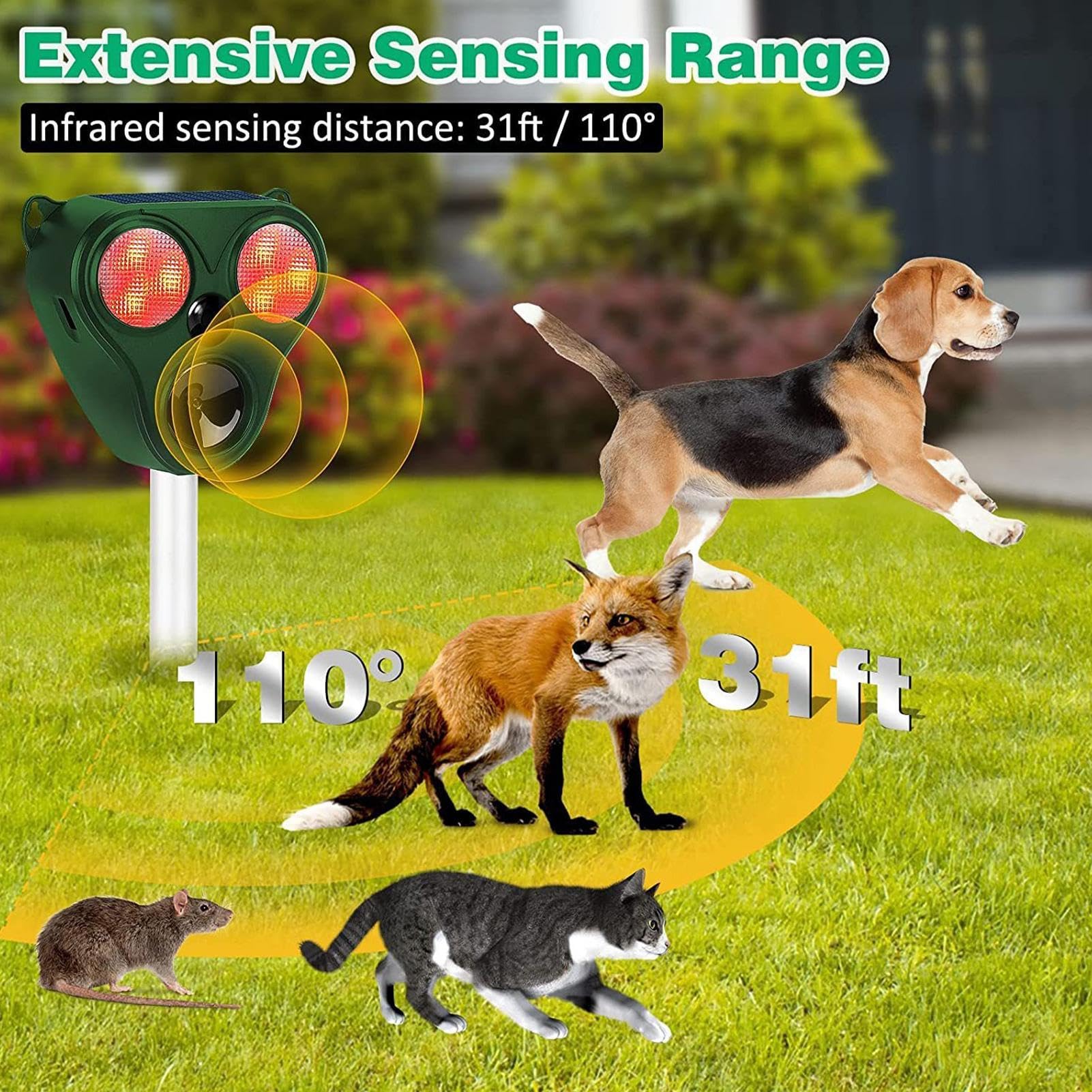 Repellente per animali ad energia solare, repellente ad ultrasuoni per uccelli e topi, dispositivo esterno impermeabile con luci LED per cortile, giardino e fattoria