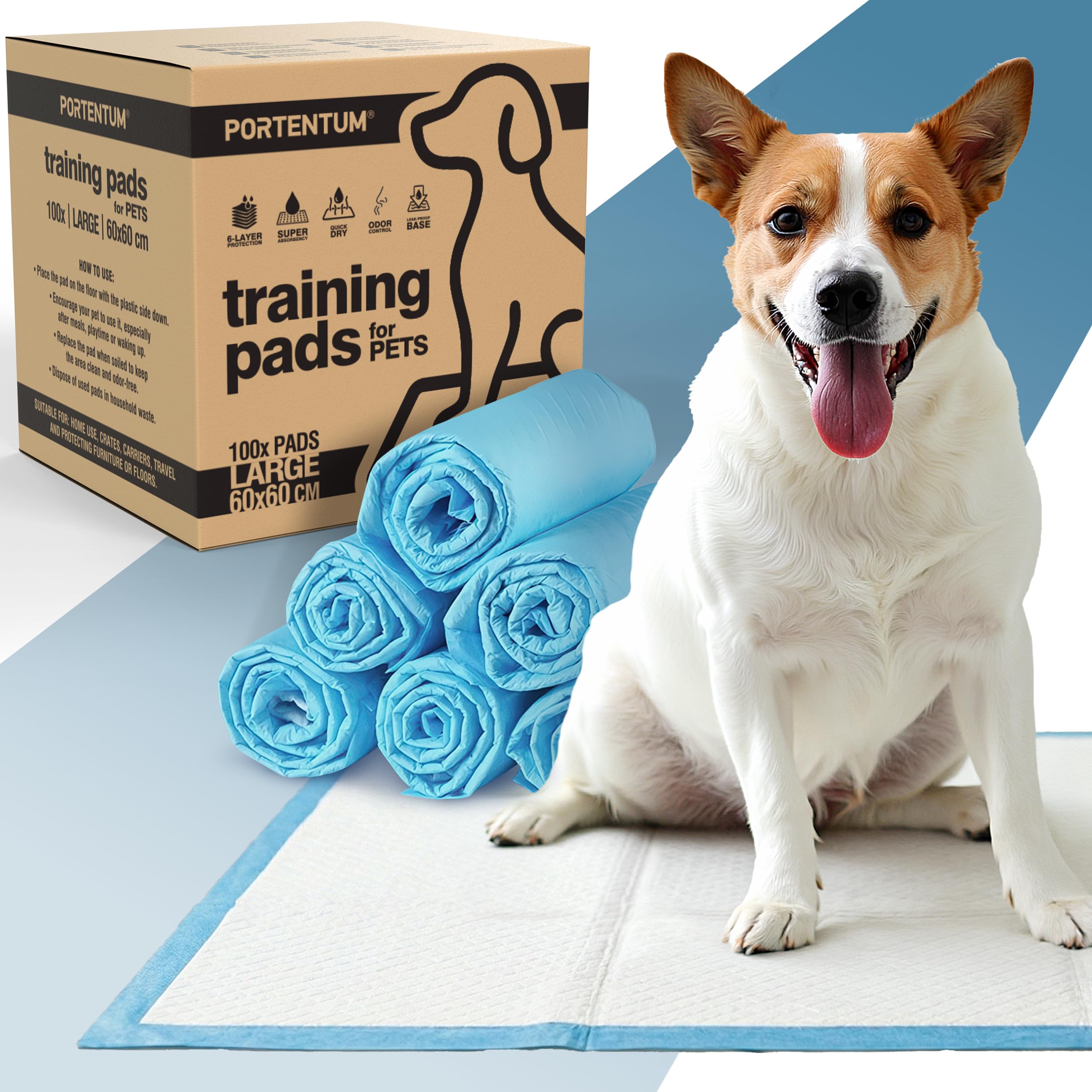 PORTENTUM Empapadores Perros 60x60 cm 100 Unidades – 6 Capas absorbentes antifugas con Control de olores – Alfombrillas Desechables para Entrenamiento – Inodoro para Perros - 2