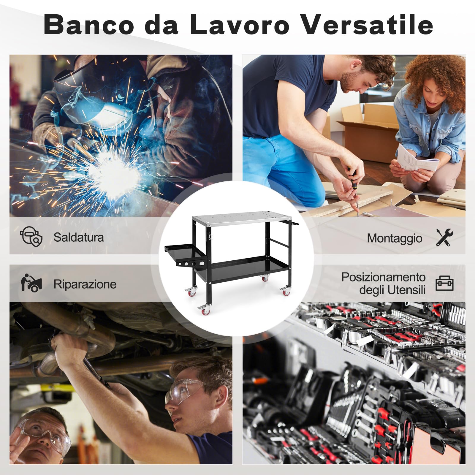 COSTWAY Tavolo da Lavoro, Banco da Lavoro con Supporto per Attrezzi e Vassoio, Fori per Fissaggio, 8 Slot per Attrezzi e Portabocchette per Saldatura, con Ruote, Capacità di Carico 540 KG (Modello 1)