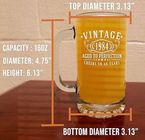 Miniatura 5 de Taza de cerveza de vidrio con estampado blanco vintage de 1984 de 16 onzas, regalos de feliz cumpleaños 40 para hombres y mujeres, saludos a los 40