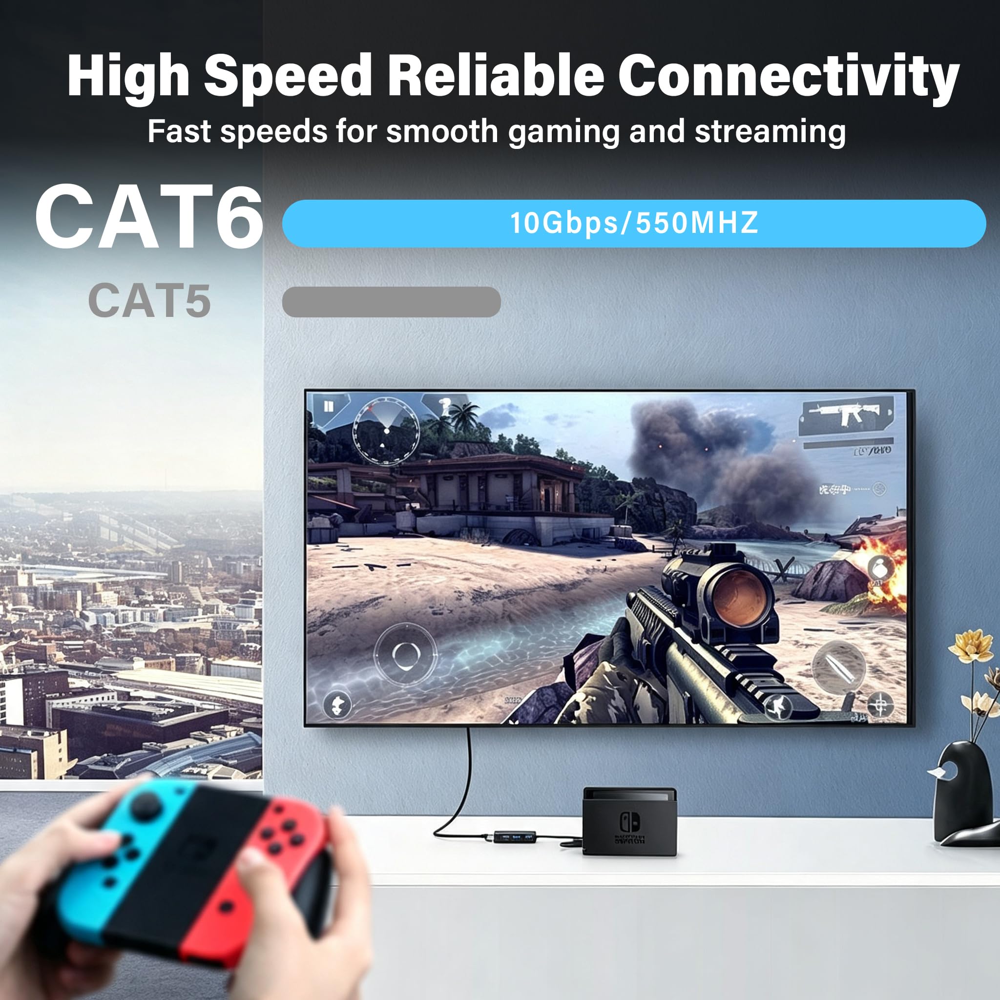 Câble Ethernet de 15,2 m pour Cat6/Cat5E, 40 Gbit/s compatible Cat8/Cat7, câble réseau 24 AWG pour intérieur et extérieur, enterrement direct, imperméable et résistant aux UV, cordon LAN RJ45 haute