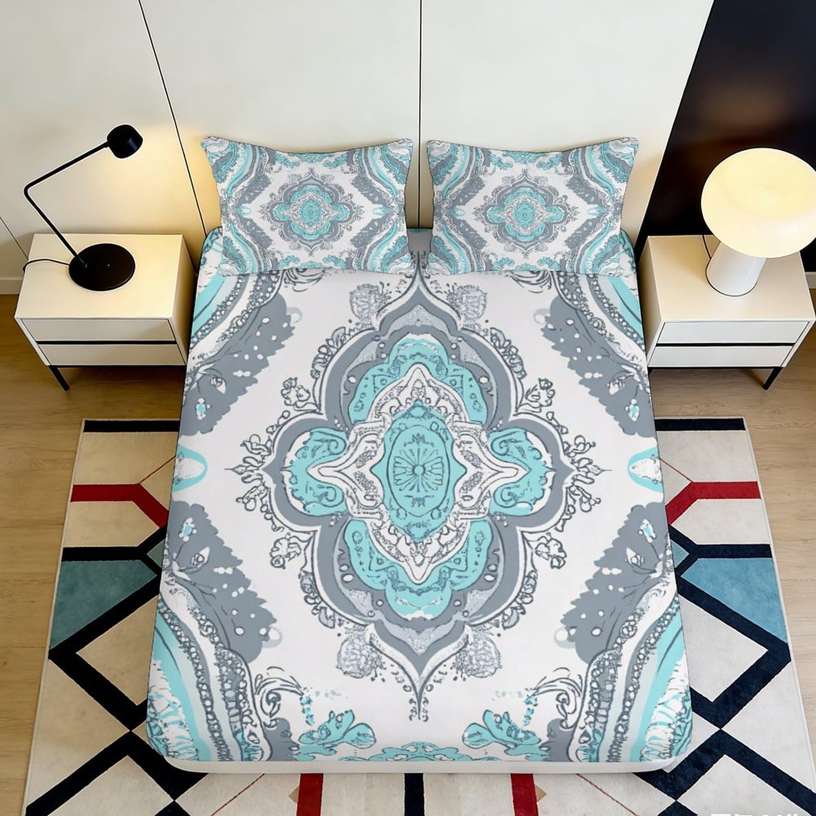 3D Printed Aqua Mandala Fitted Sheet Microfiber Soft Breathable Grey Geometric Bed Cover for Bedroom Guestroom Decor 90x200x25cm