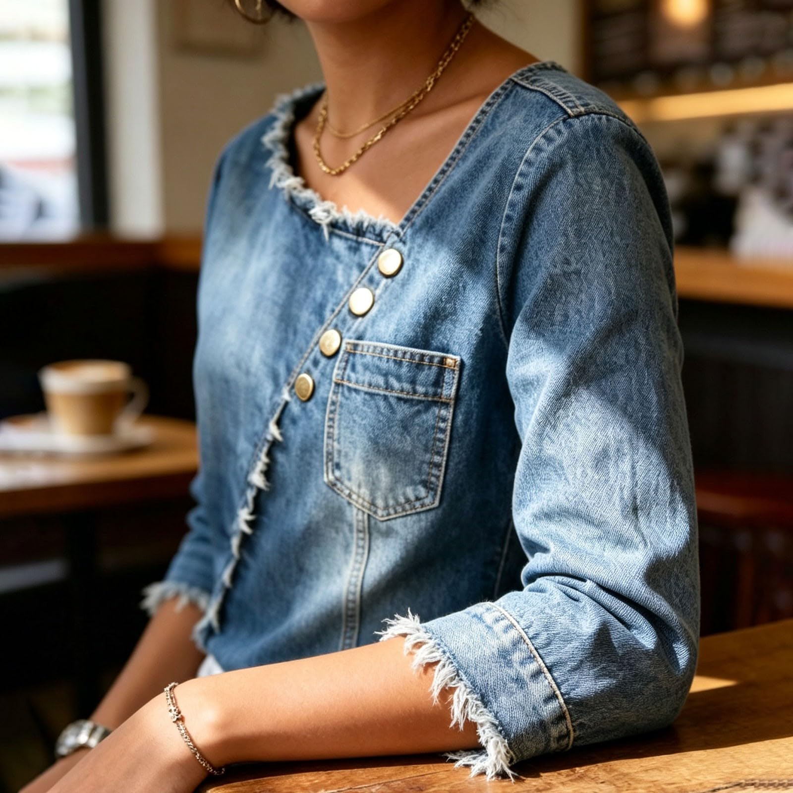 Generisch Camicia in jeans da donna, estiva, con maniche a 3/4 | Camicetta in denim con frange, elegante cambray, per il tempo libero, in tessuto denim, traspirante, vintage