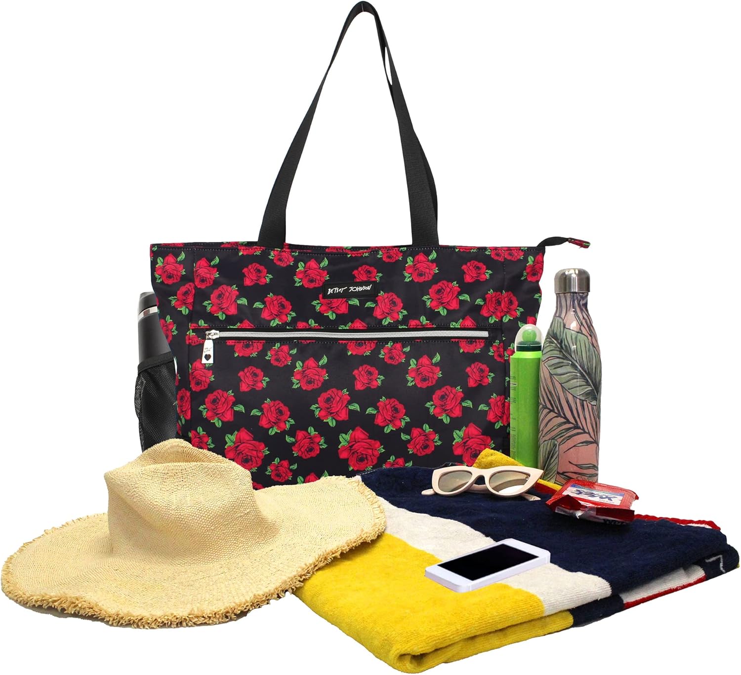 Betsey Johnson 15.6 Inch Zipper Beach Tote Bag Lightweight Large Durable Polyester with Mesh Side Pockets for Gym Work - Image 2