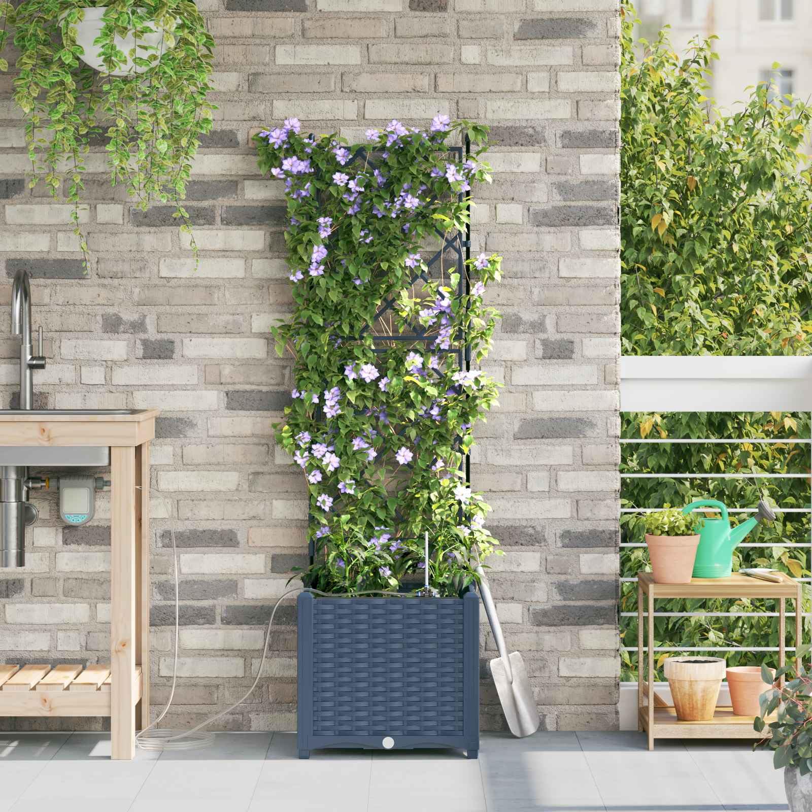 Jardinière auto-arrosage - Gris - 40 x 40 x 142 cm - En plastique - Avec système d'arrosage intégré pour l'extérieur - Design moderne pour terrasse et jardin
