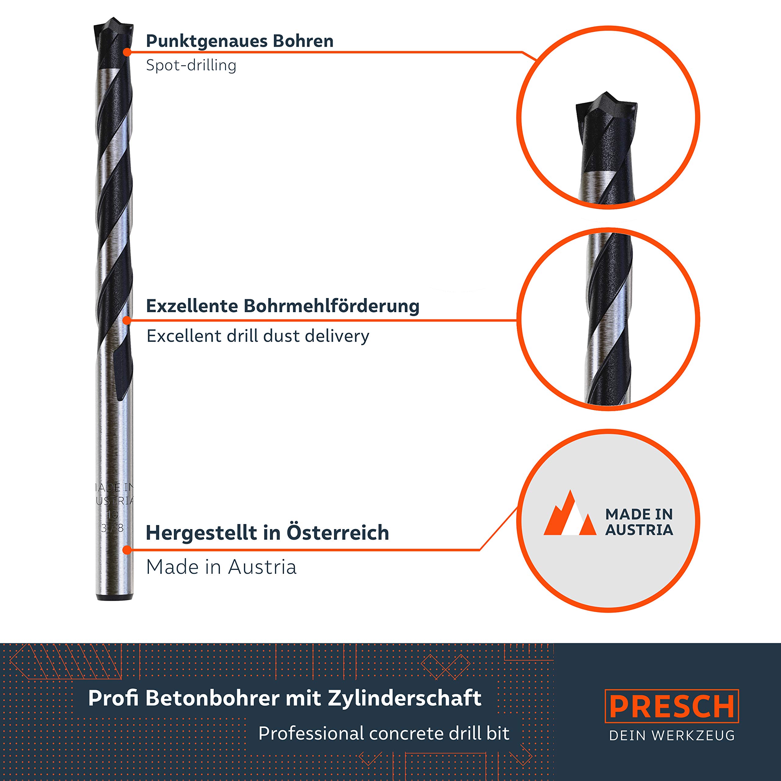 Presch Brocas Hormigón Profesional 8 pzas. - Brocas Pared con Vástago Cilíndrico - Brocas de Percusión para Hormigón, Piedra, Mampostería y Mármol - Ø 3-10 mm