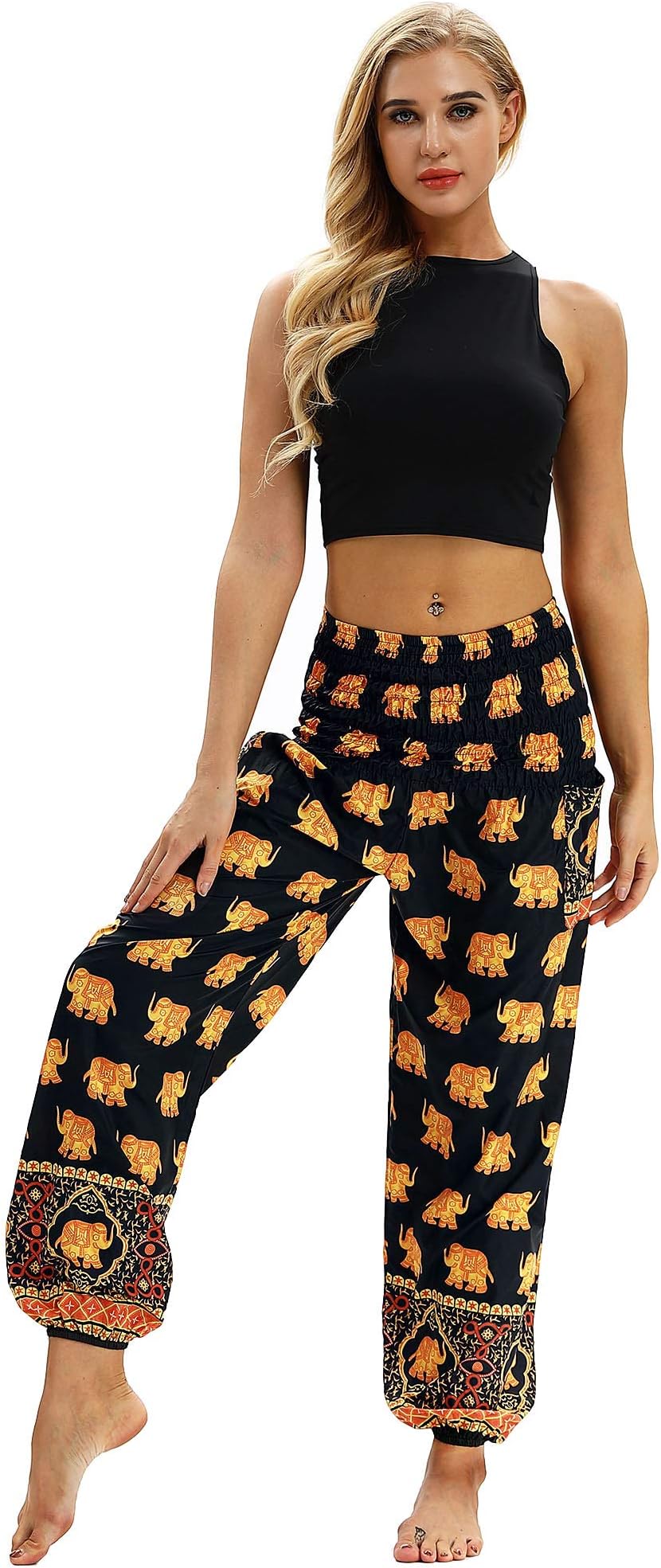 Women's Smocked Waist Print Elephant Harem Hippie Boho Yoga Palazzo Casual Pants