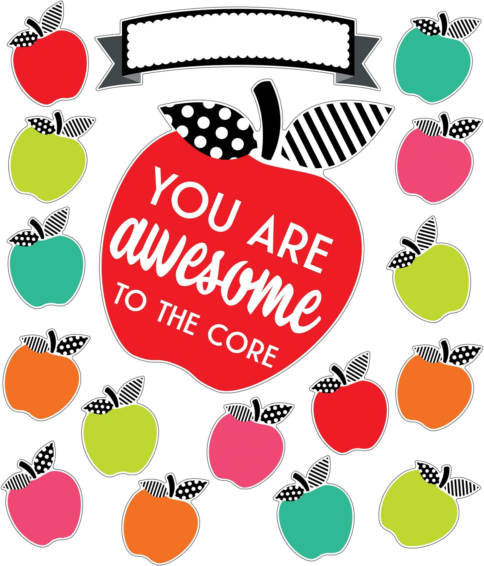 Schoolgirl StyleBlack, White and Stylish Apple Bulletin Board SetโYou are Awesome to the Core Motivational Apple, Banner With 36 Green, Orange, Pink, Red, Aqua Apples (38 pc)