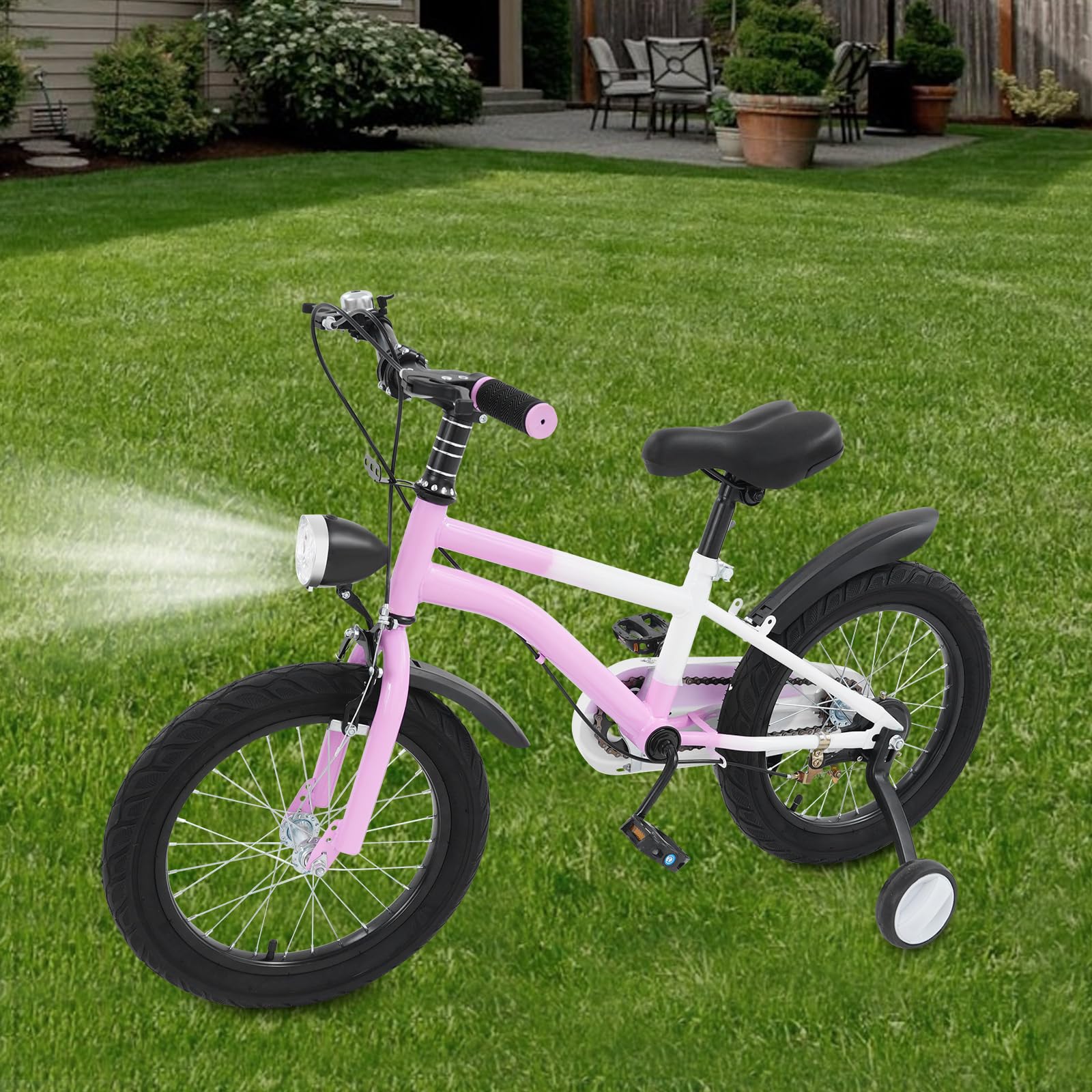 Bicicleta infantil 16 pulgadas freno disco luz LED ruedas estabilizadoras rosa ajustable sillín manillar carga 60 kg
