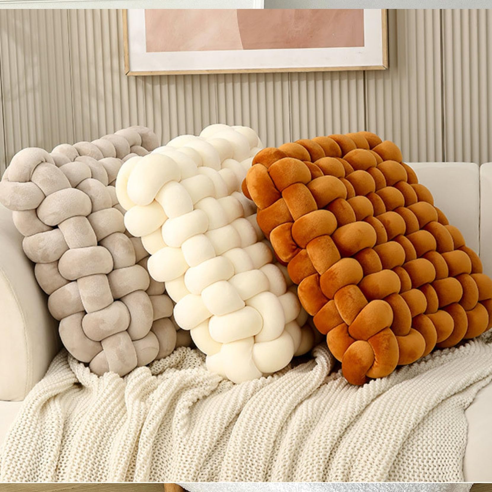 Plüsch-Knotenkissen, handgefertigt, geknotet, sensorisches Kissen, weiches Bouclé, quadratisches Plüsch-Rückenlehne, Bodenkissen für Zuhause, Sofa, Schlafzimmer, Büro, Dekor (Grau B, M (33 x