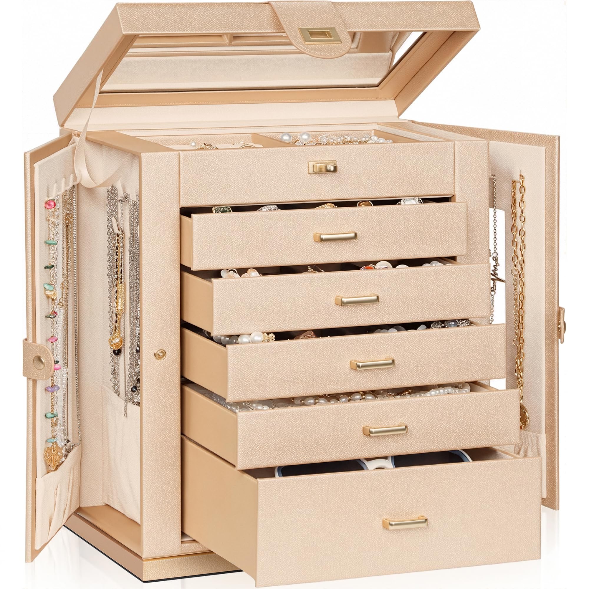 AKOZLIN 6-Tier Jewelry Box Organizer Functional 5 Drawers Leather Jewelry Storage Case for Women Girls Ring Necklace Earring Bracelet Holder Organizer with Mirror XL Champagne 360° Rotating