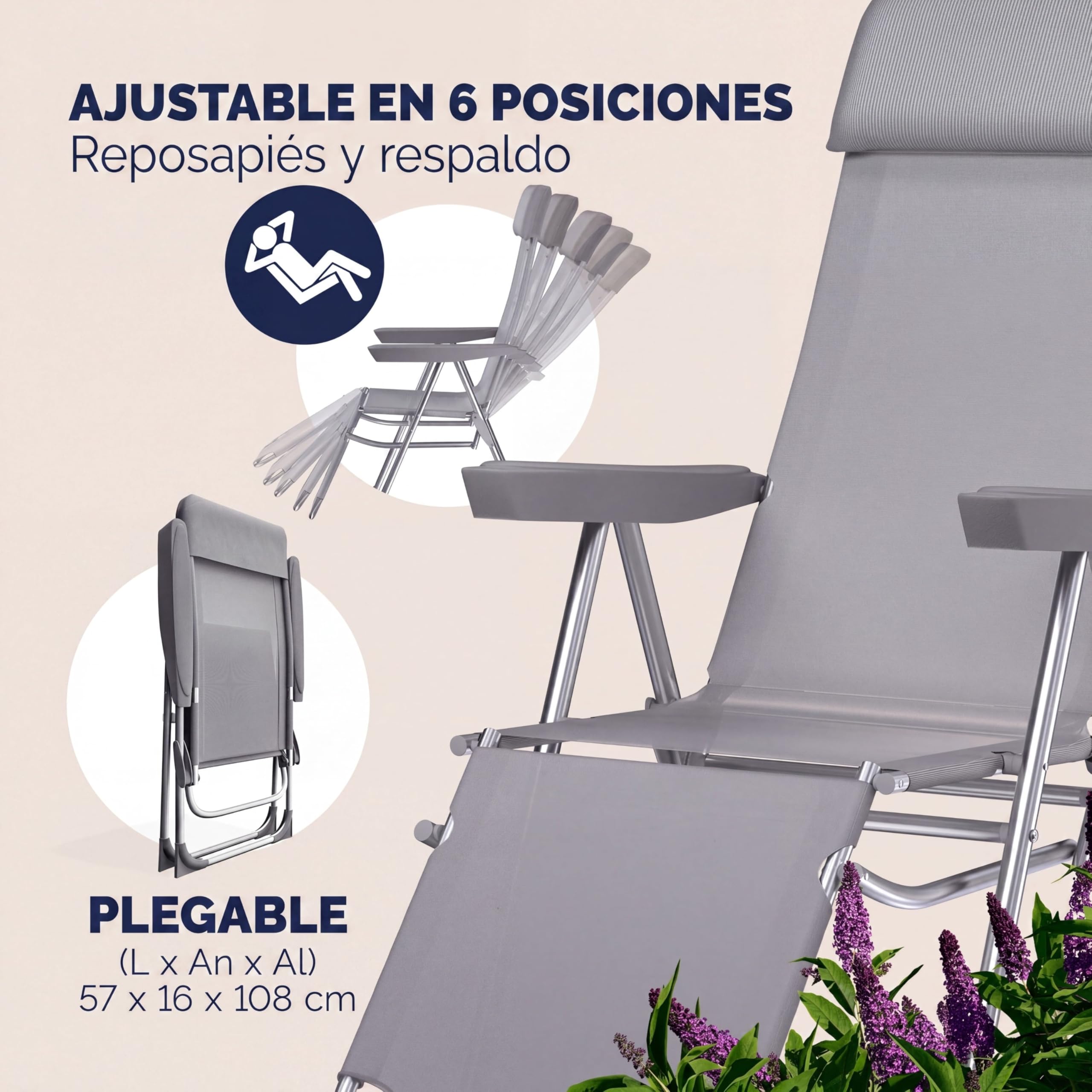 CASARIA® Sillas Gravedad Cero Plegables Set de 2 Reclinables Respaldo Alto Ajustable en 6 Posiciones Estructura Aluminio Exterior Jardín Balcón Playa Gris