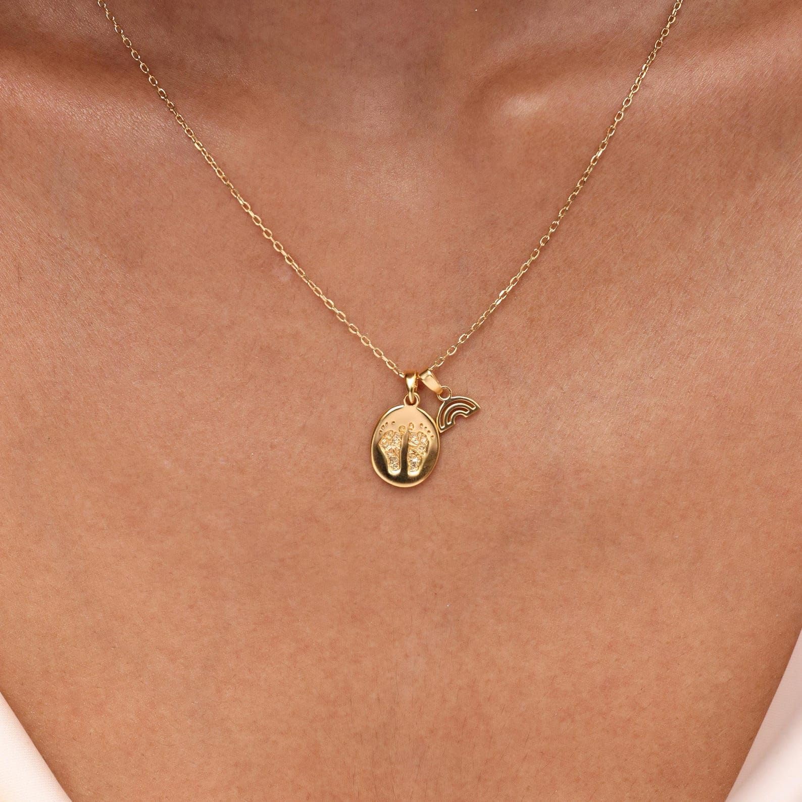 Huella real del pie del bebé - Collar ovalado con huella de la mano y plata Hongyu arcoíris | Baby Shower | Navidad