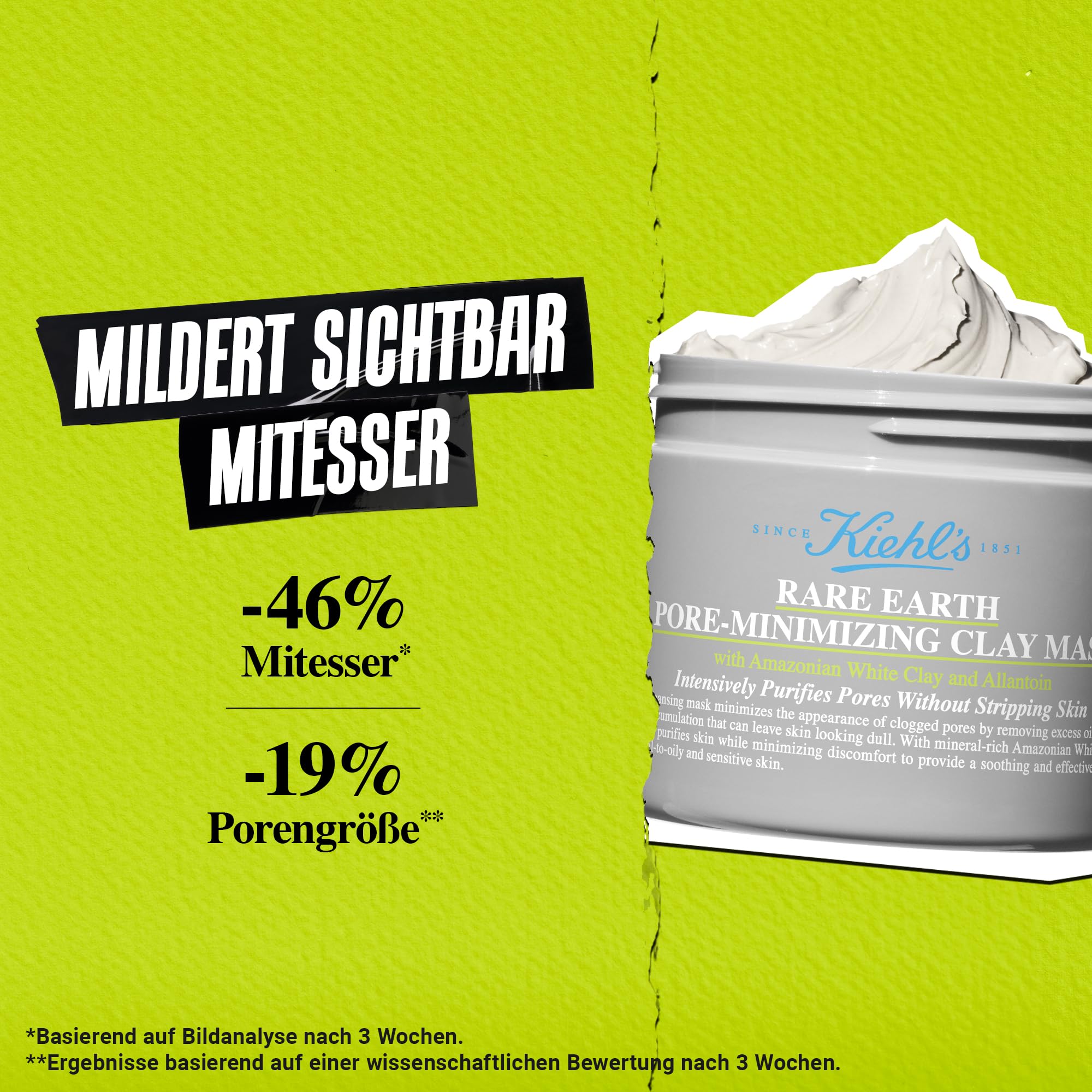 KIEHL'S Rare Earth Deep Pore Cleansing Mask, 125 ml, reinigende Detox-Gesichtsmaske mit Aloe Vera und Amazonas-Tonerde, Anti Pickel Gesichtsreiniger zur Minimierung von Poren und Mitessern