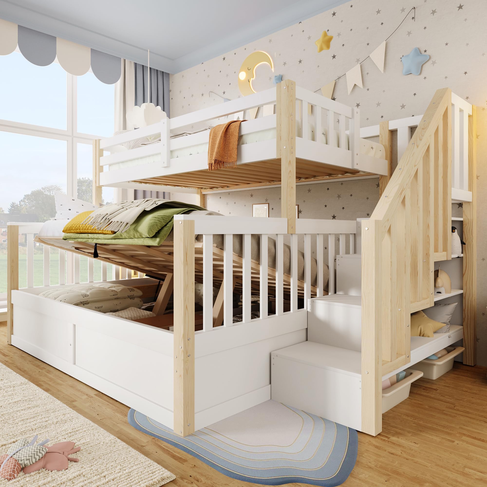 Litera 90(140) x200 cm con Almacenamiento Hidráulico y Escalera Almacenaje, Cama Litera Matrimonio para 2 Personas, Cama Infantil con Barandilla Anticaída y Lamas, Sin Colchón, Blanco+Natural