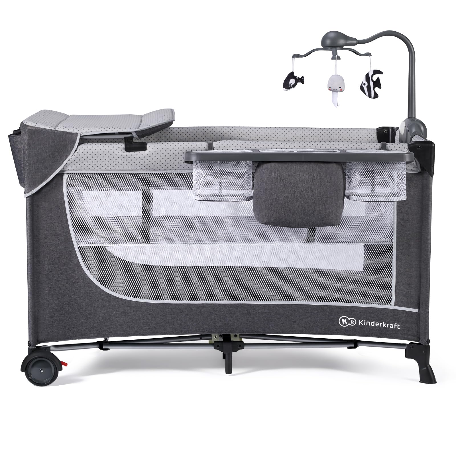 Kinderkraft LEODY Reisebett Baby mit Schlaffläche 120 x 60 cm, Mobile mit Melodien Lichtern und Spielsachen, Höhenverstellbar, schnelle Zusammenklappen, Luftzirkulation, Transporttasche, Grau