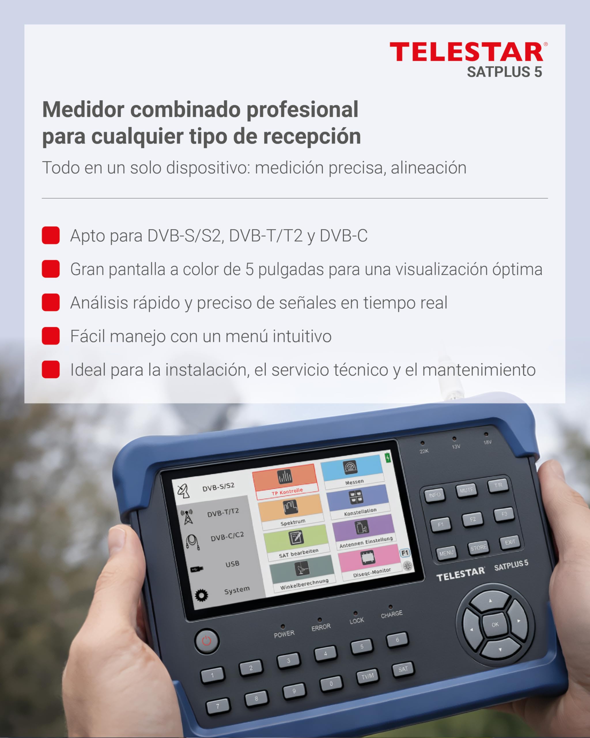 TELESTAR SATPLUS 5 – Medidor Sat con Imagen de TV en Directo | Para DVB-S/DVB-S2/DVB-C/DVB-T2, Unicable, pantalla de 5"