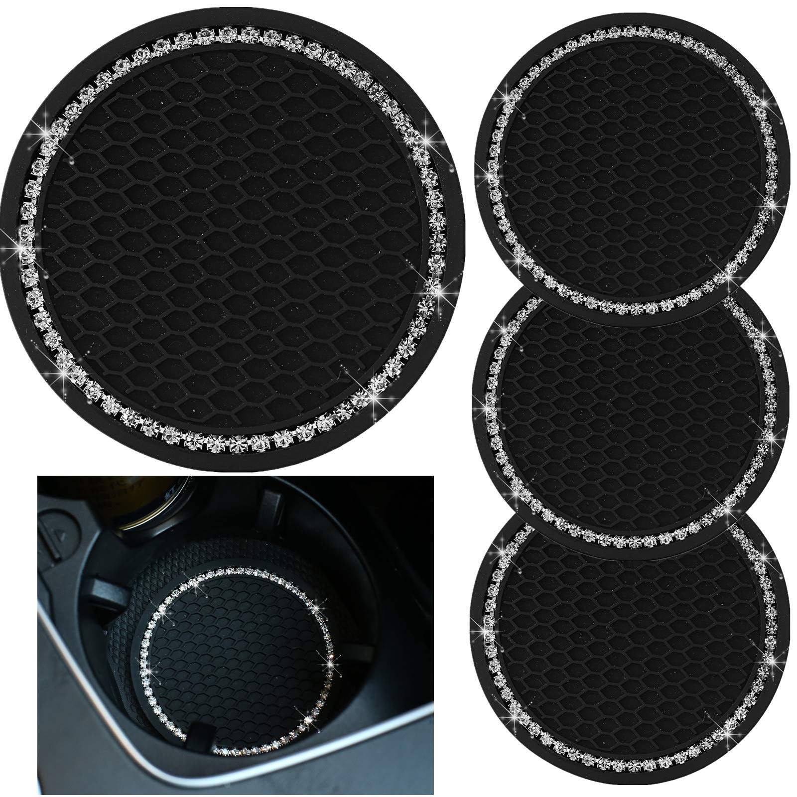 4pcs 2.75" Bling Decor Crystal Rhinestone Car Cup Holder Coaster Insert Cup Mat,Car Bling Ring Emblem Sticker Bling Car Accessories for Home and Interior Car Decor Accessory, White