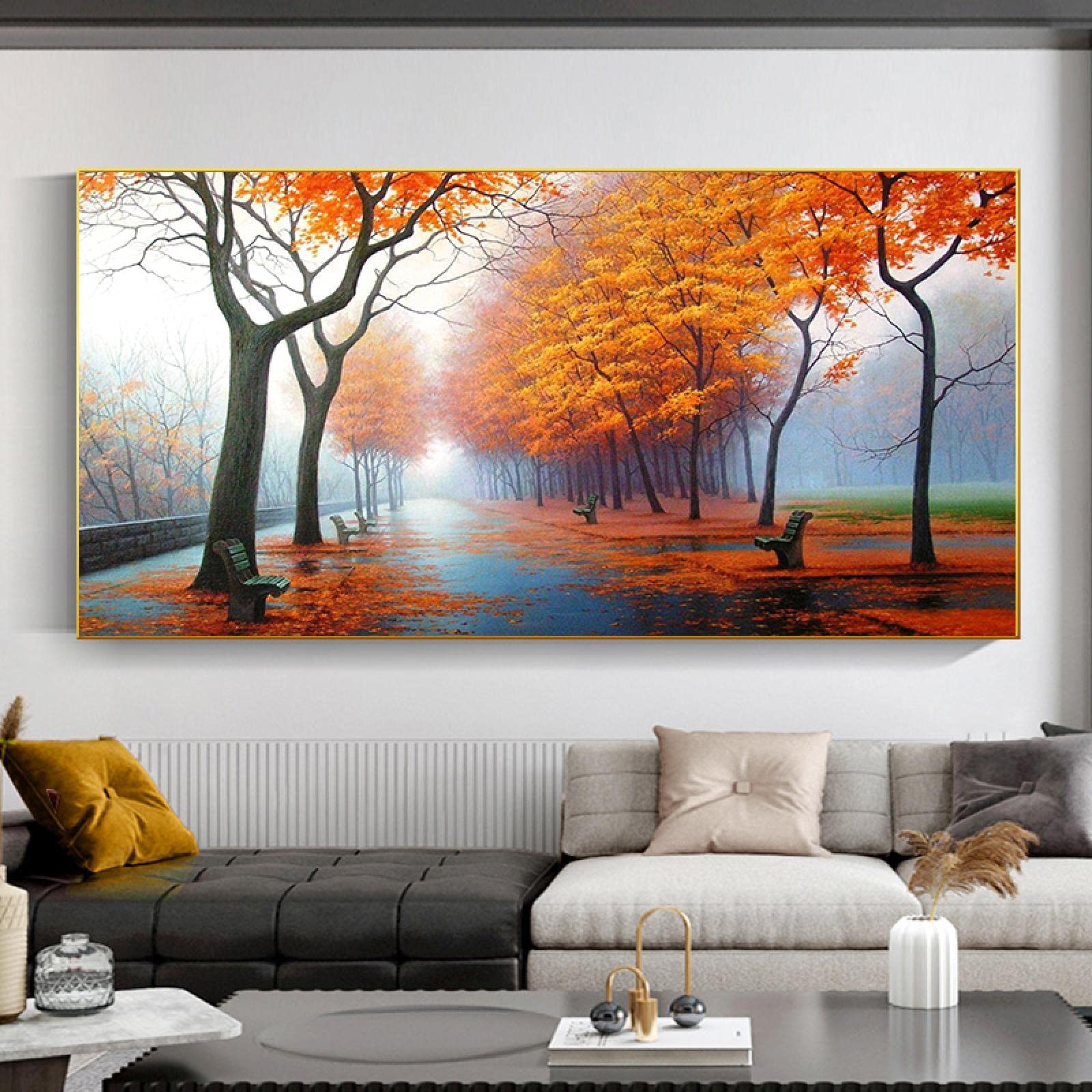 Peinture toile arbre rouge et lac bleu 60x120 cm pour une décoration murale moderne de salon