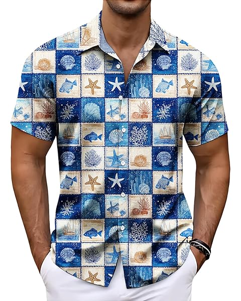 Hawaii Print Shirt Mens Hawaiian T-Shirt Summer Short Sleeve Tops Casual Button Down Beach Shirts
