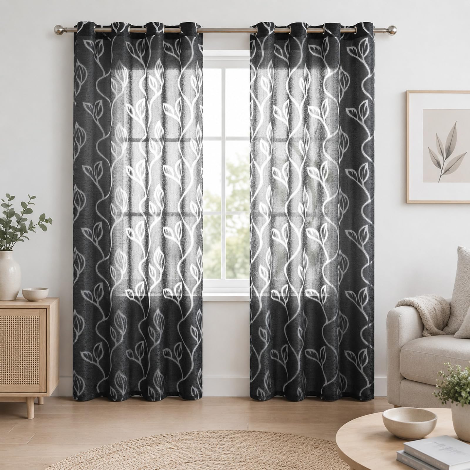 SSWH White Voile Curtains, 2 Panels Sheer Net Curtains Light Filtering Voile Panel with Leaf Pattern for Bedroom Living Room(Size:100x250cm/W 39" x L 98" (2 Panels),Color:Black)