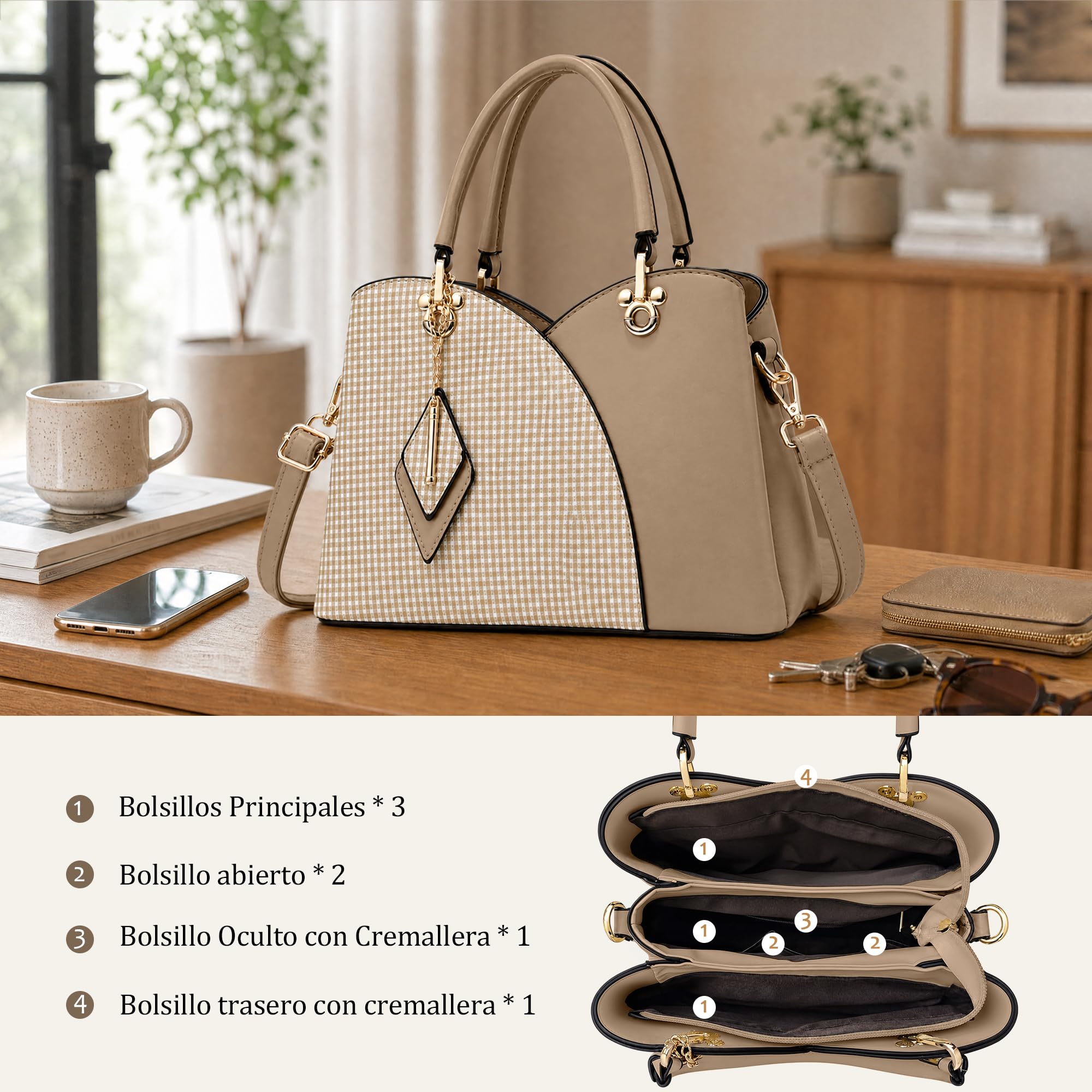 Bolso de Mano Mujer Moda Cuadros Bolso Bandolera PU Cuero Bolso Señoras Tote Elegante Bolsa de Hombro con Colgante Rombo para Trabajo Fiesta Marrón