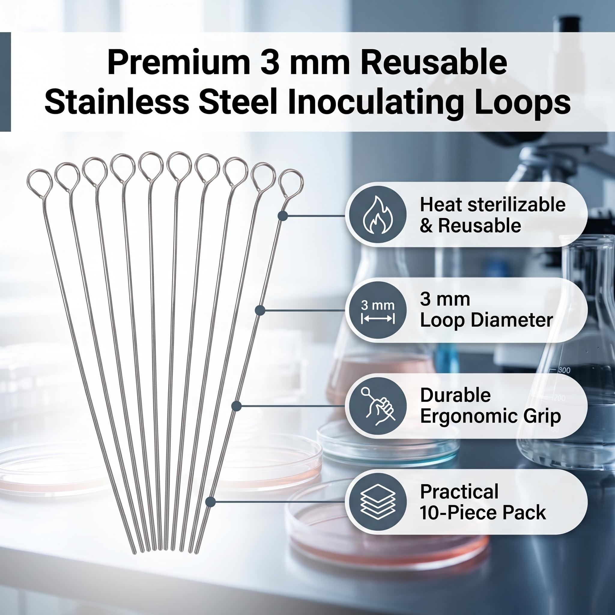 10 Anses de Prélèvement Réutilisables 3 mm – Boucles d’Inoculation en Acier Inoxydable – Outils d’Étalement Cellulaire pour Culture de Tissus