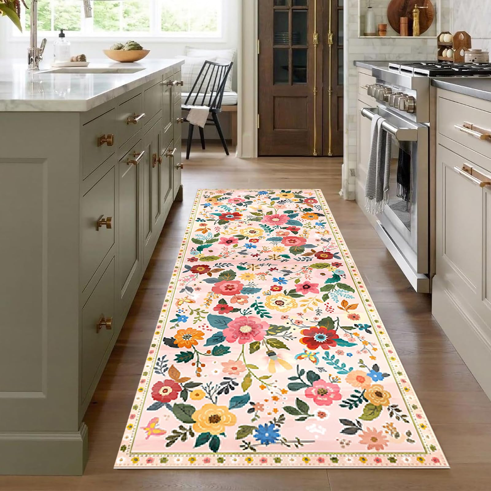 Tapis Couloir,Tapis de Cuisine Devant Evier Rose 60x340cm Motif Floral 3D Tapis de Couloir Antiderapant Lavable Tapis Cuisine Chemin Tapis Couloir Long pour Cuisine Chambre