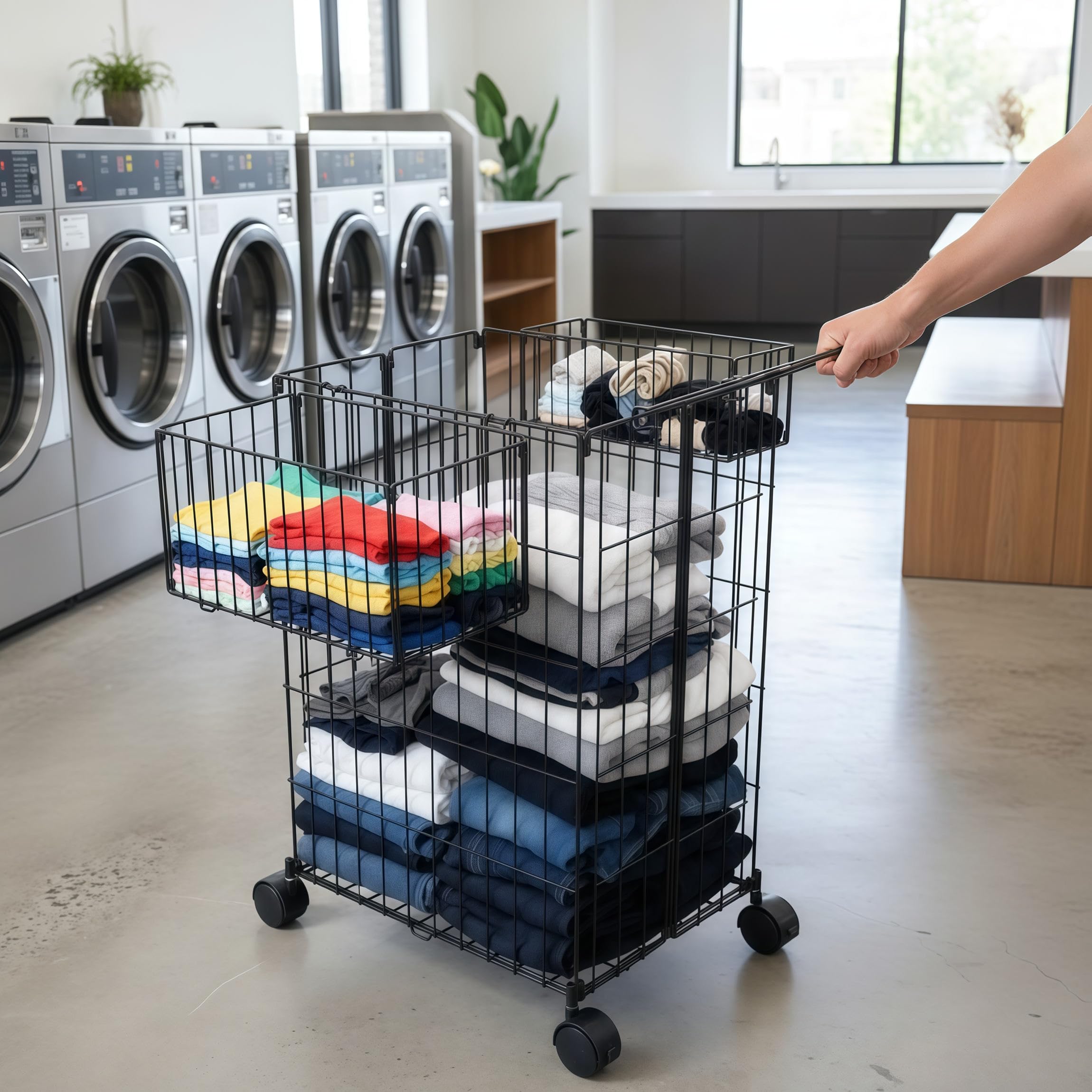 Rollbarer Wäschekorb mit Rollen, 63,5 cm hoch, 160 l Fassungsvermögen, Drahtgestell, mit feststellbaren Schwenkrädern und beweglichem Griff (Schwarz)