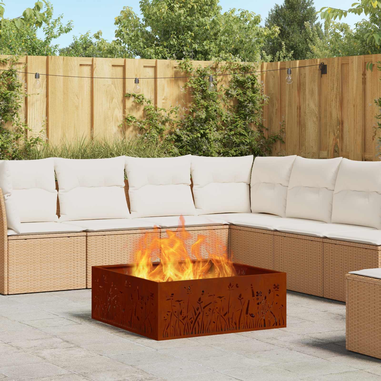 vidaXL Hoguera Marrón 80 x 80 x 30 cm Acero autopatinable, Fogata de jardín y terraza, diseño Cuadrado Moderno de Acero, portátil, solución de calefacción Resistente al óxido para Noches acogedoras