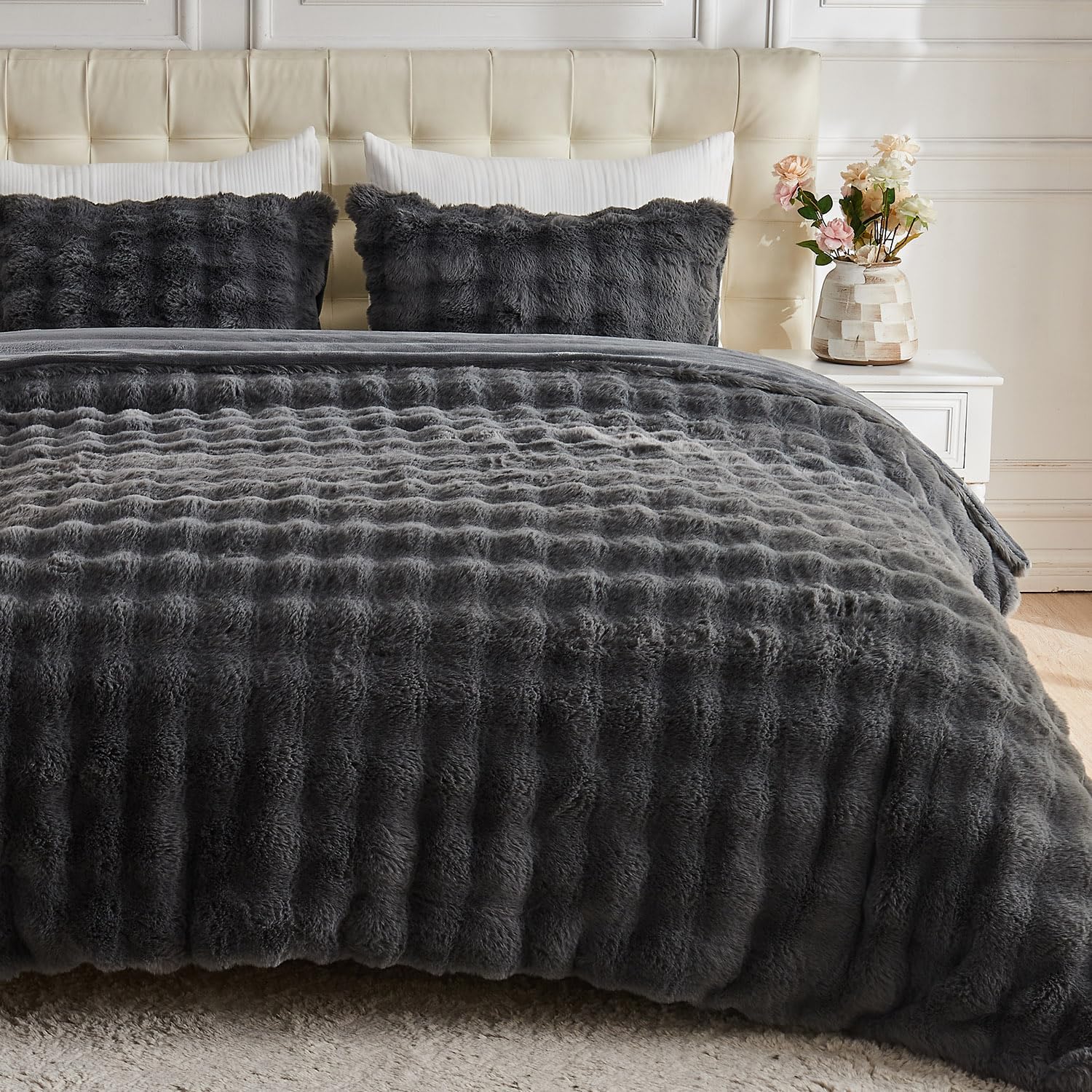 Lotus Karen Fluffy Comforter Cover Set-Rabbit Fluff Faux Fur Duvet Cover King Size,Dark Gray Plush Fuzzy Furry Bedding Sets 3Pieces(1 Duvet Cover & 2 Pillow Shams),Zipper Closure