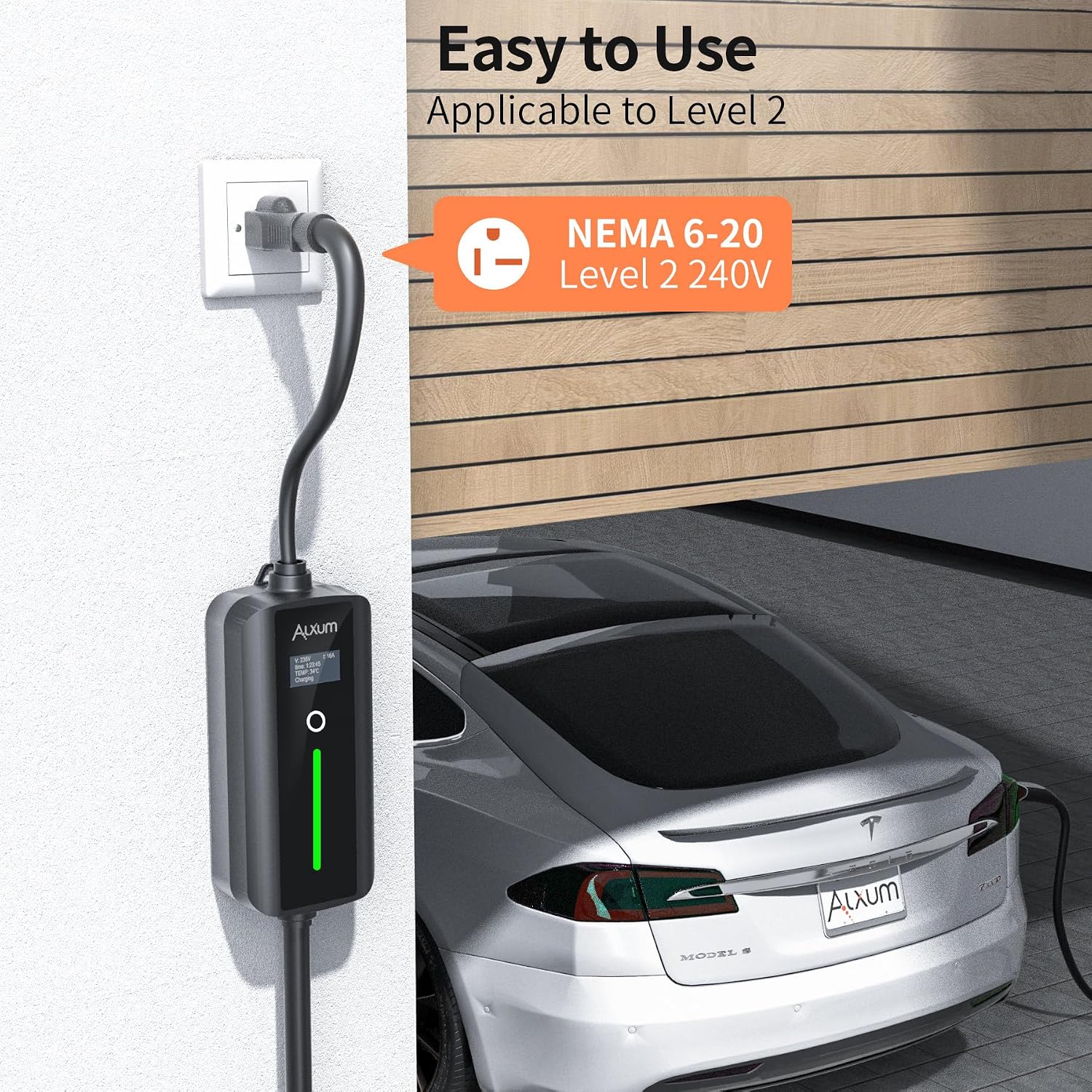 Alxum Tesla Level 2 16A 240V Home Charger - NEMA 6-20P, 16.4ft Electric Car Charger for All Tesla Models Y/3/S/X/Cybertruck - One-Click Opening Function