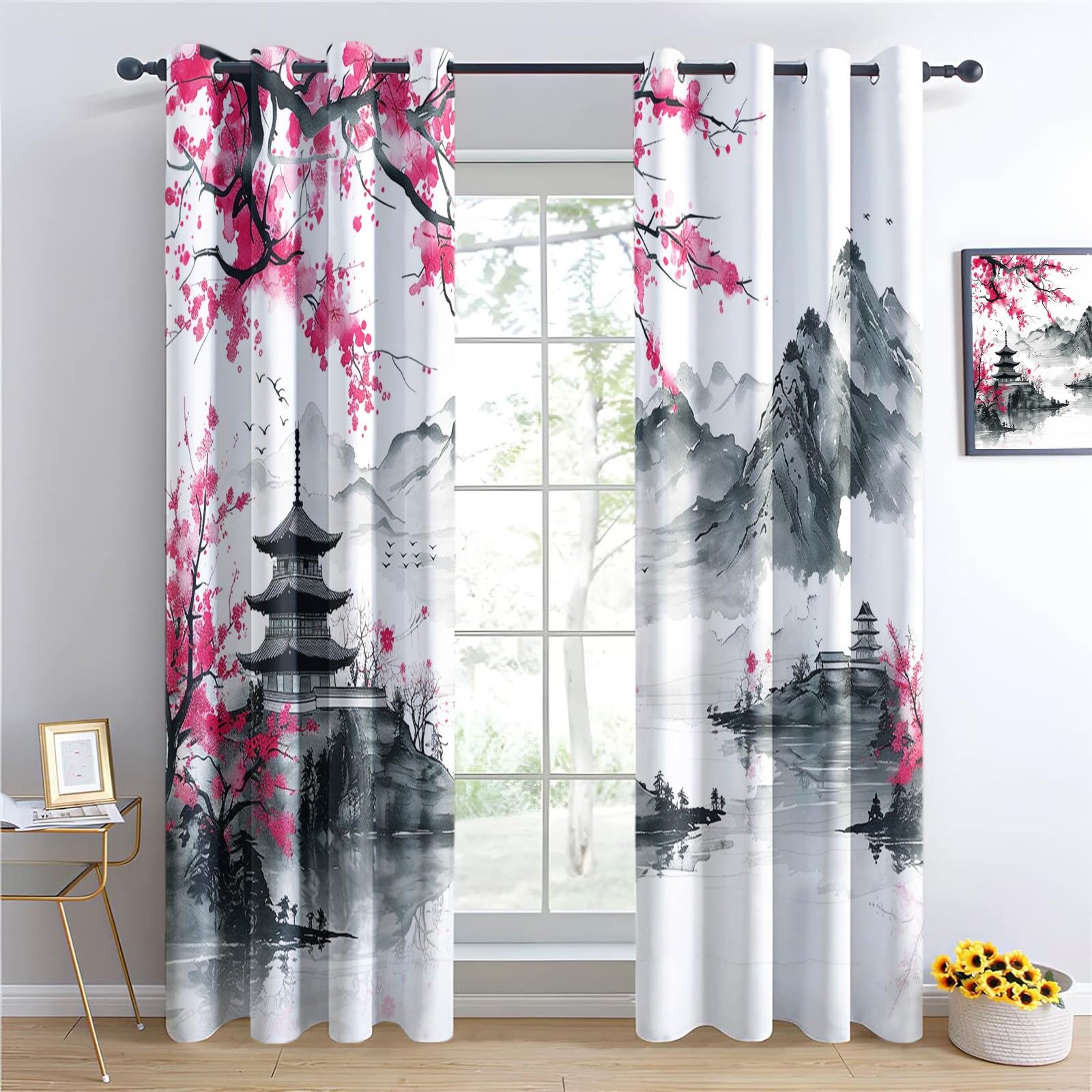 Rideaux Occultants 3D Perles Et Fleurs 75x166 cm 2 Panneaux Thermique Sonore Oeillets Décoration Salon Chambre