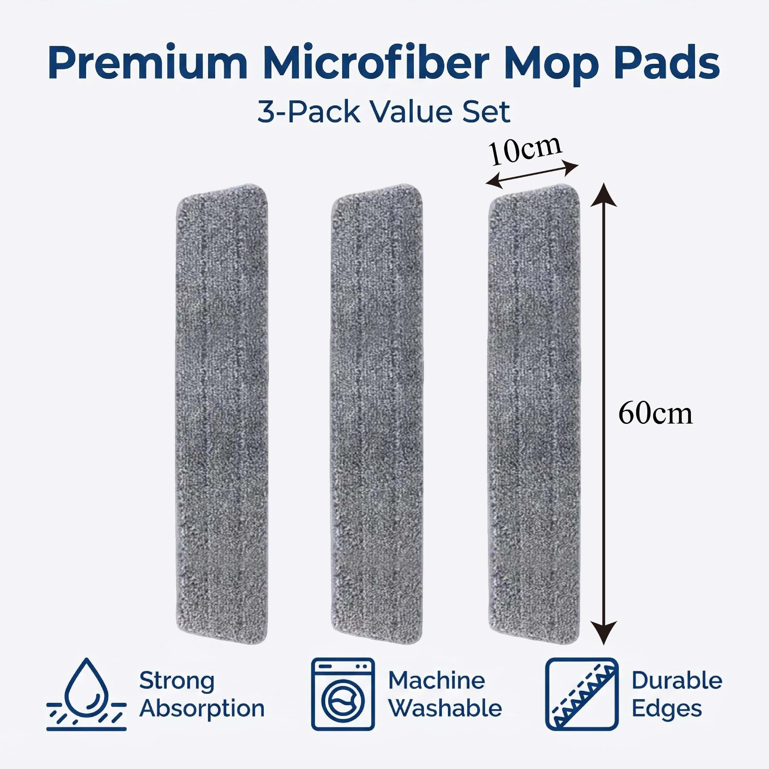 3 piezas (60 × 10 cm) Microfibra Almohadillas de fregona de repuesto Mop Sustitución de almohadillas,Mop Sustitución de los tampones,para la escoba autolimpiante,Escoba plana de microfibra