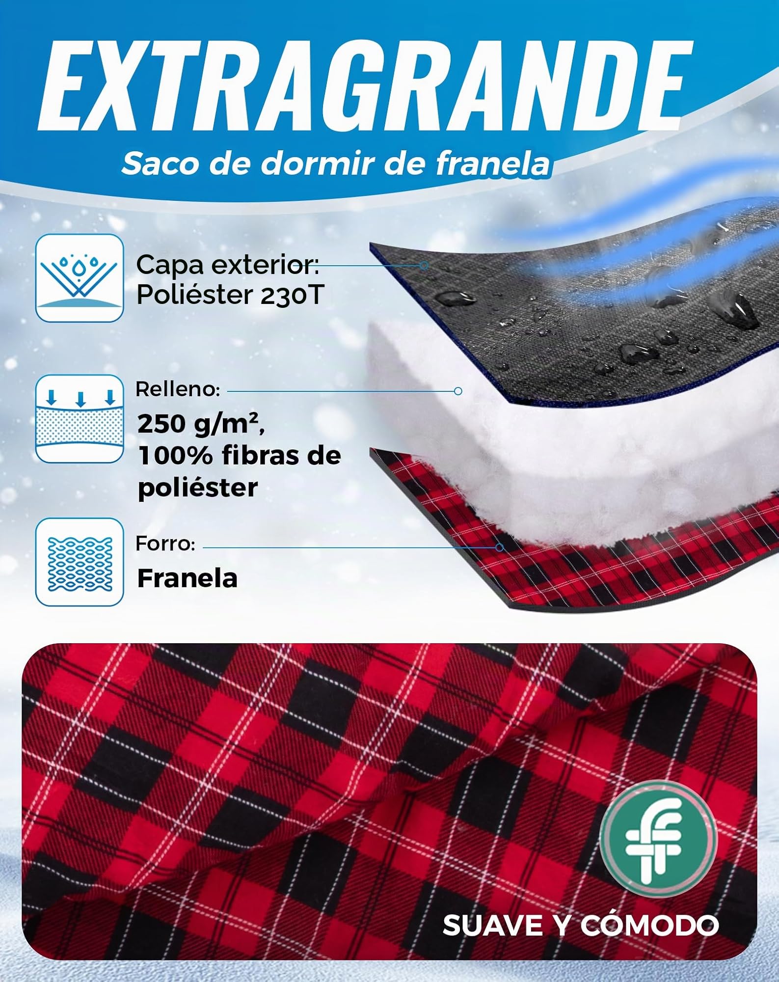 KingCamp Saco de Dormir XXL de Franela de Algodón para Adultos, Saco de Dormir Grande de Invierno para Camping 4 Estaciones, Viajes y Actividades al Aire Libre, 220x100cm