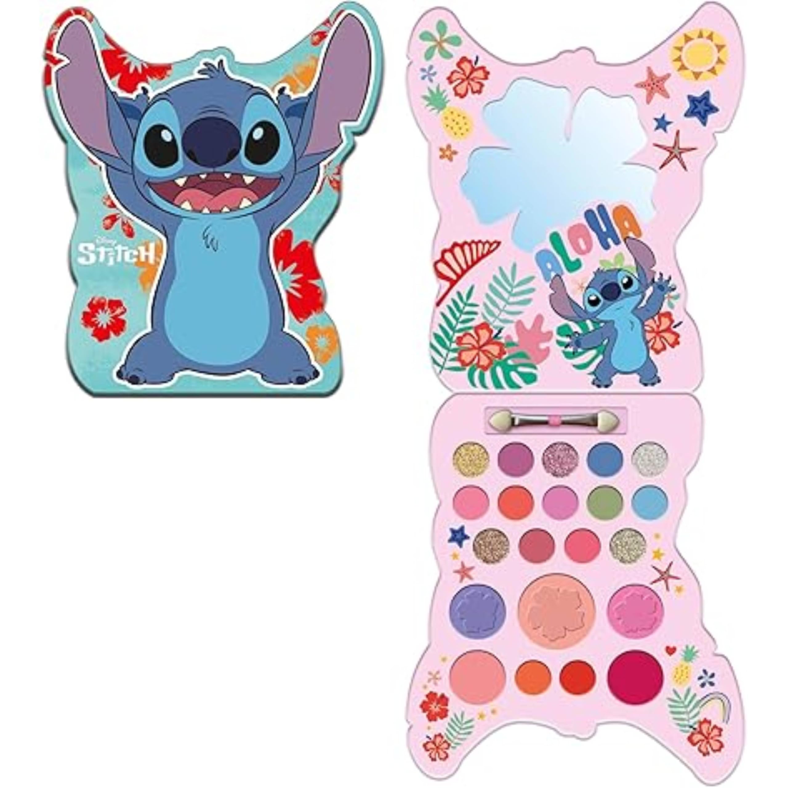 Disney Stitch Kids Make-Up Palette - Complete Cosmetic Kit with Eye Shadow, Blusher, Lip Gloss, Mirror & Brush