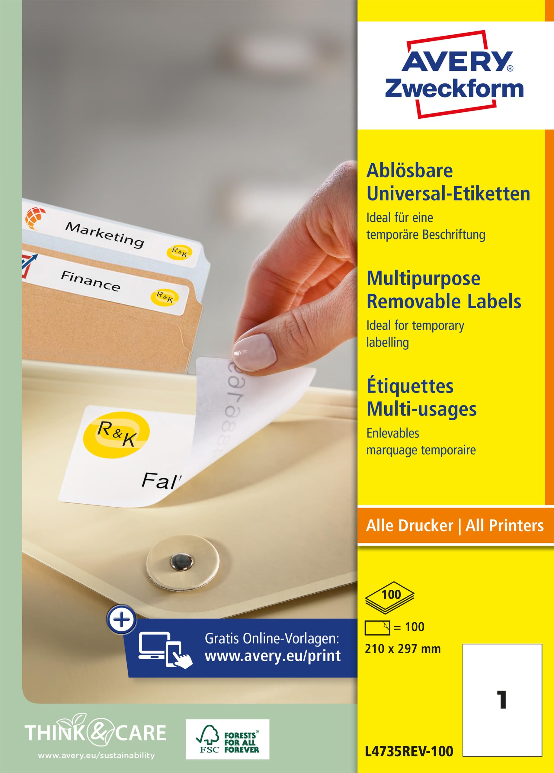 AVERY Zweckform L4735REV-25 Universal Etiketten (25 plus 5 Klebeetiketten extra, 210x297mm auf A4, wieder rückstandsfrei ablösbar/abziehbar, bedruckbar, selbstklebende Aufkleber) 30 Blatt, weiß