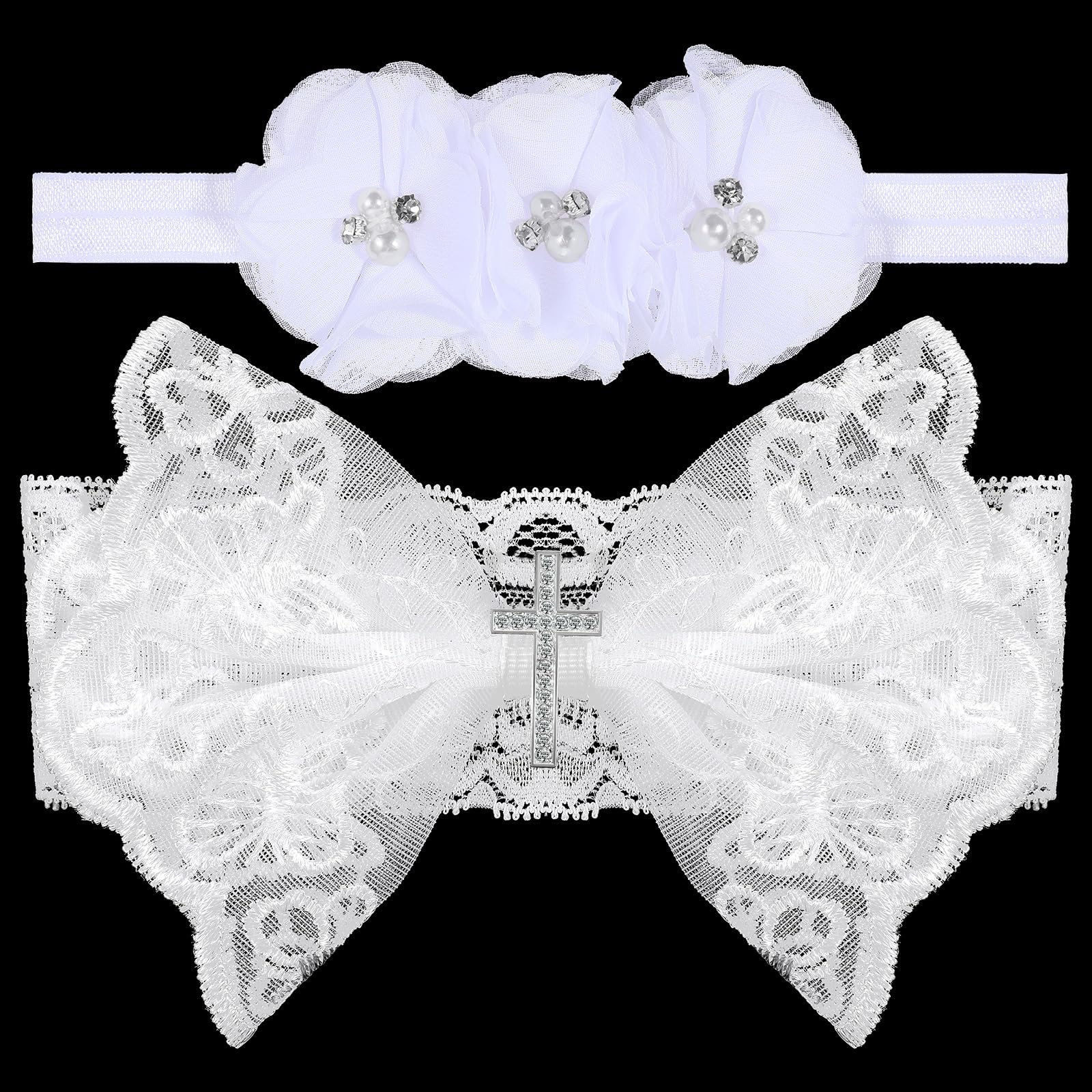 HJZHII - 2 diademas para bautizo de niñas recién nacidas, con lazo de encaje cruzado blanco, con flores, perlas y diamantes de imitación, elásticas para el cabello, para fiestas de baby shower, accesorios de fotografía mayores de 6 meses