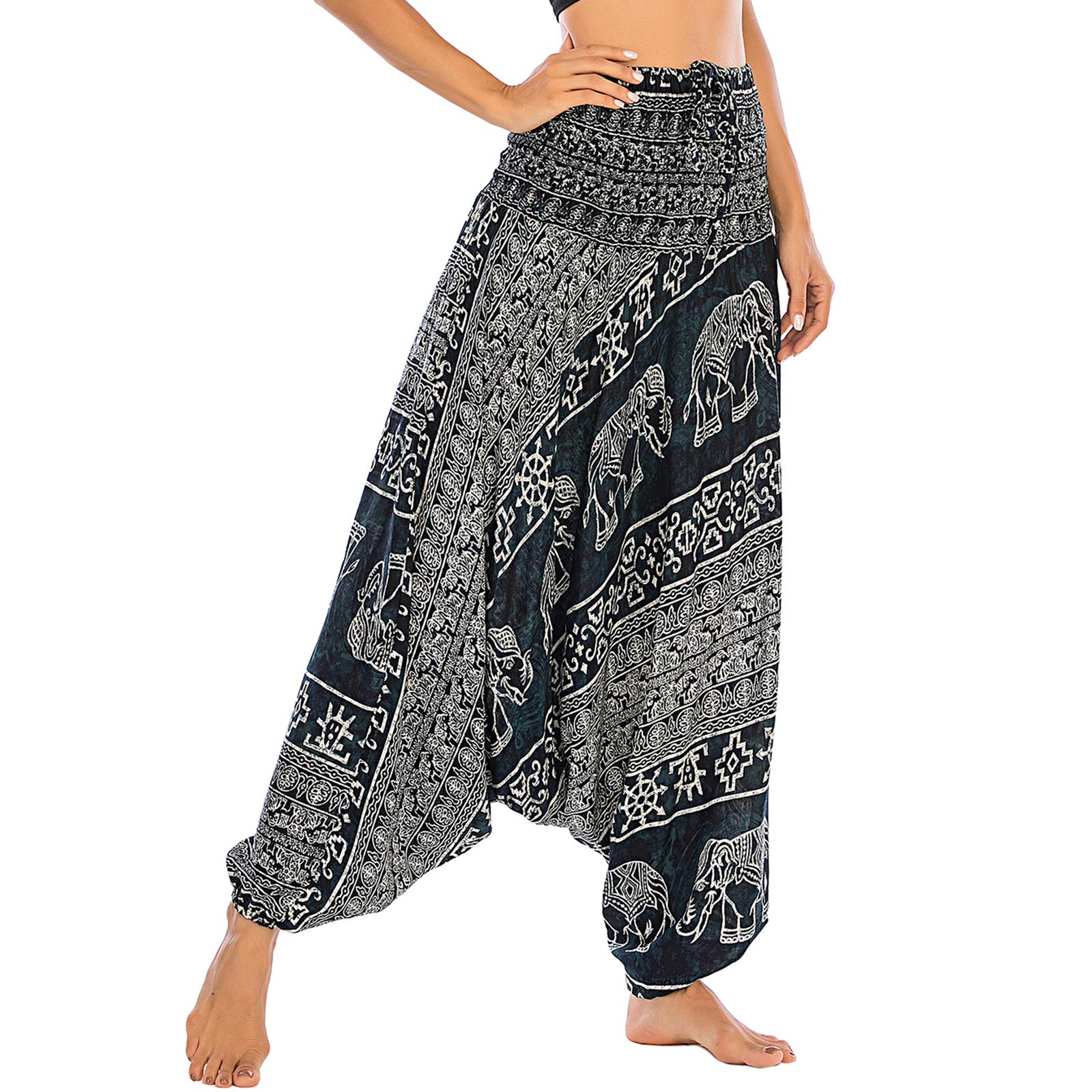 Nuofengkudu Mujer Thai Harem Pantalones Jumpsuit Hippie Boho Estampados Baggy Monos Pantalón Cintura Alta Indios Tallas Grandes Yoga Pants Pijama Verano Playa