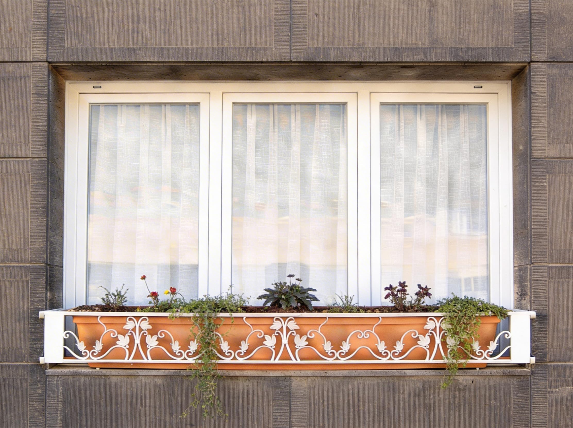Balconcillo para Macetas, Balconcillo para Plantas, Portamacetas Ventana, Protector de macetas, Modelo Floral Extensible 140-200 cm, Blanco