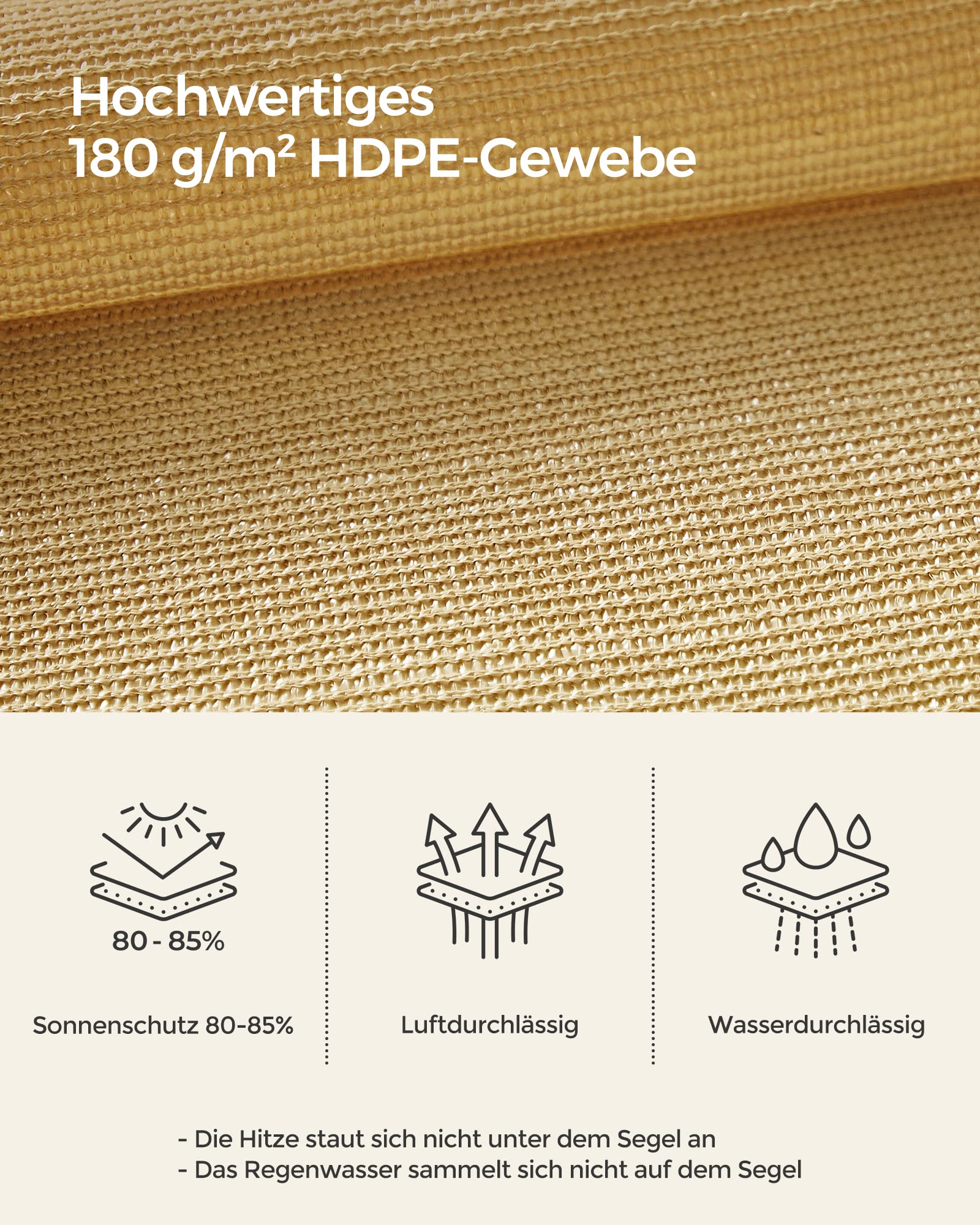 SONGMICS Sonnensegel 3 x 4 m, Sonnenschutz aus HDPE-Gewebe, luftdurchlässig, wasserdurchlässig, für Terrasse, Garten, Balkon, Camping, rechteckig, konkav, 2 m Seile, sandgelb GSS34EYV1