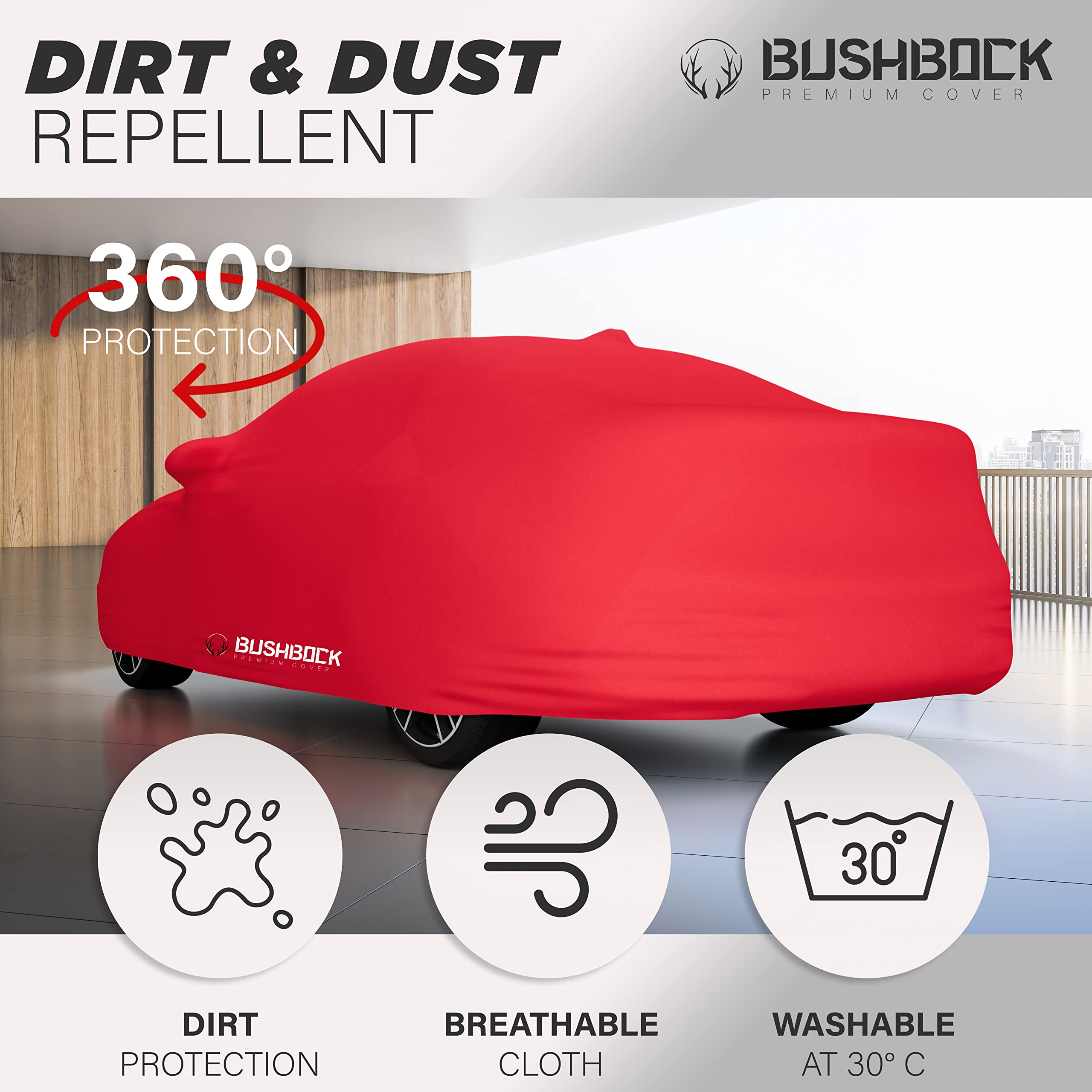 BUSHBOCK Premium Copertura per auto da interno compatibile con tutte le principali Car, Tessuto Elastico, Traspirante e Antipolvere, Morbido al Tatto (M, Rosso)