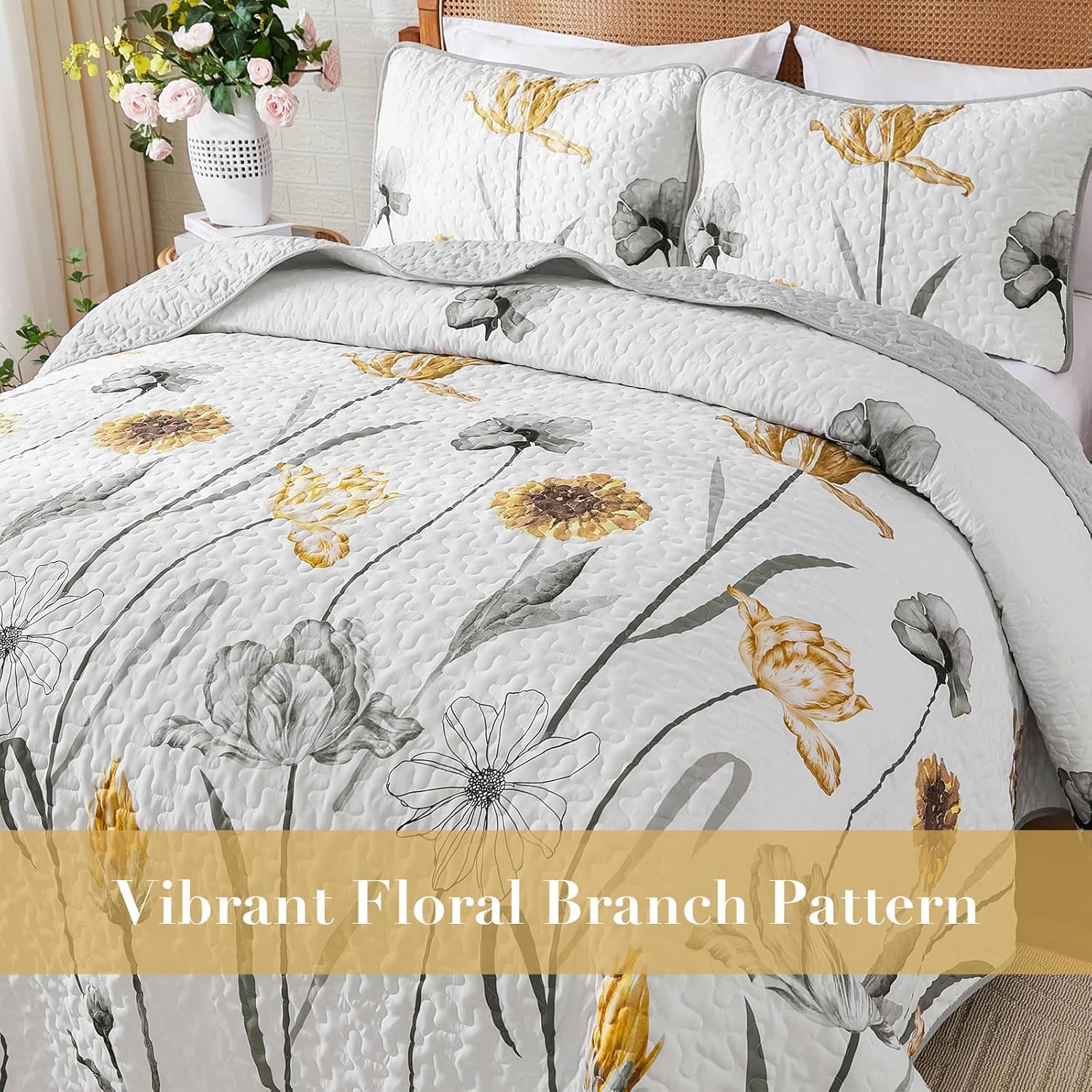 WONGS BEDDING Floral Quilt Set Queen,Grey and Yellow Bedspread Coverlet Bedding Set with 2 Pillowcase,Lightweight Summer Floral Bedding Set for All Season (96"x90") - Image 4