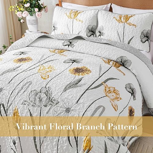 Miniatura 5 de WONGS BEDDING Juego de edredón floral tamaño King, juego de ropa de cama gris y amarillo con 2 fundas de almohada, juego de ropa de cama floral de
