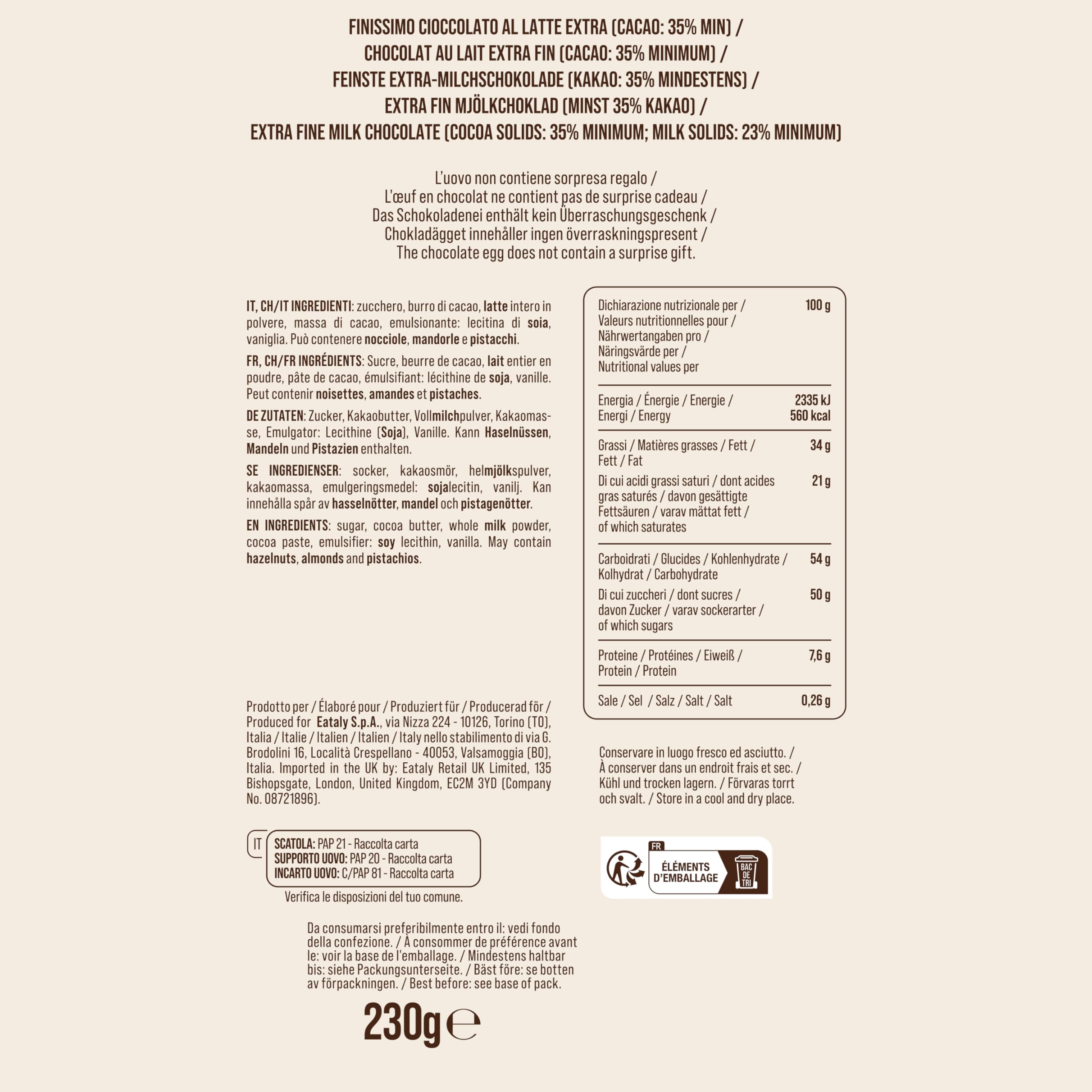 Uovo di Pasqua Cioccolato al Latte 230g Eataly - Bean to Bar, Elegante Incarto