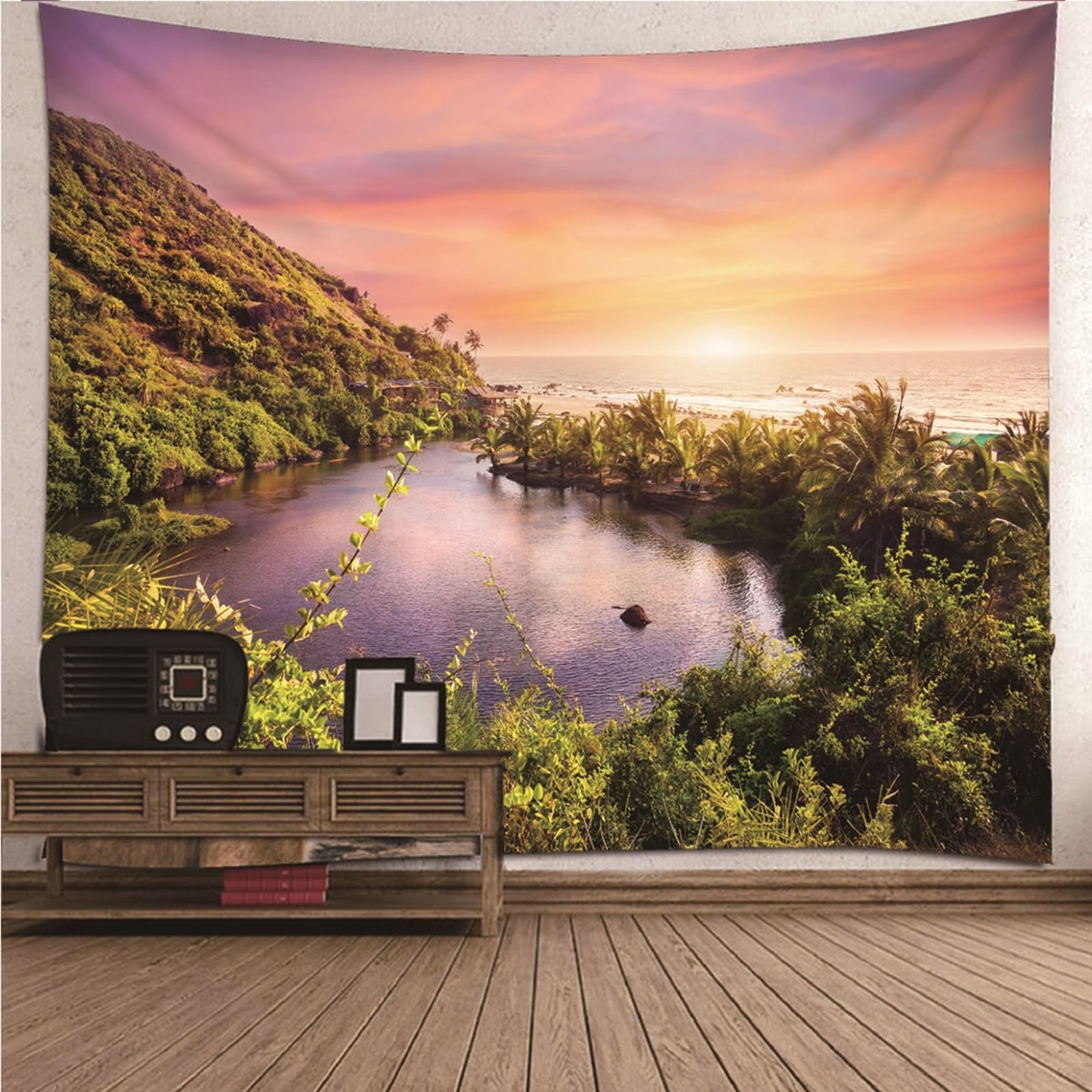 Lieson Arazzo Decorativo, Arazzi da Parete Moderni 260x240CM Alberi Oceano Al Tramonto Tappeti Parete Camera Letto Per Decorazione Della Casa, Verde Viola