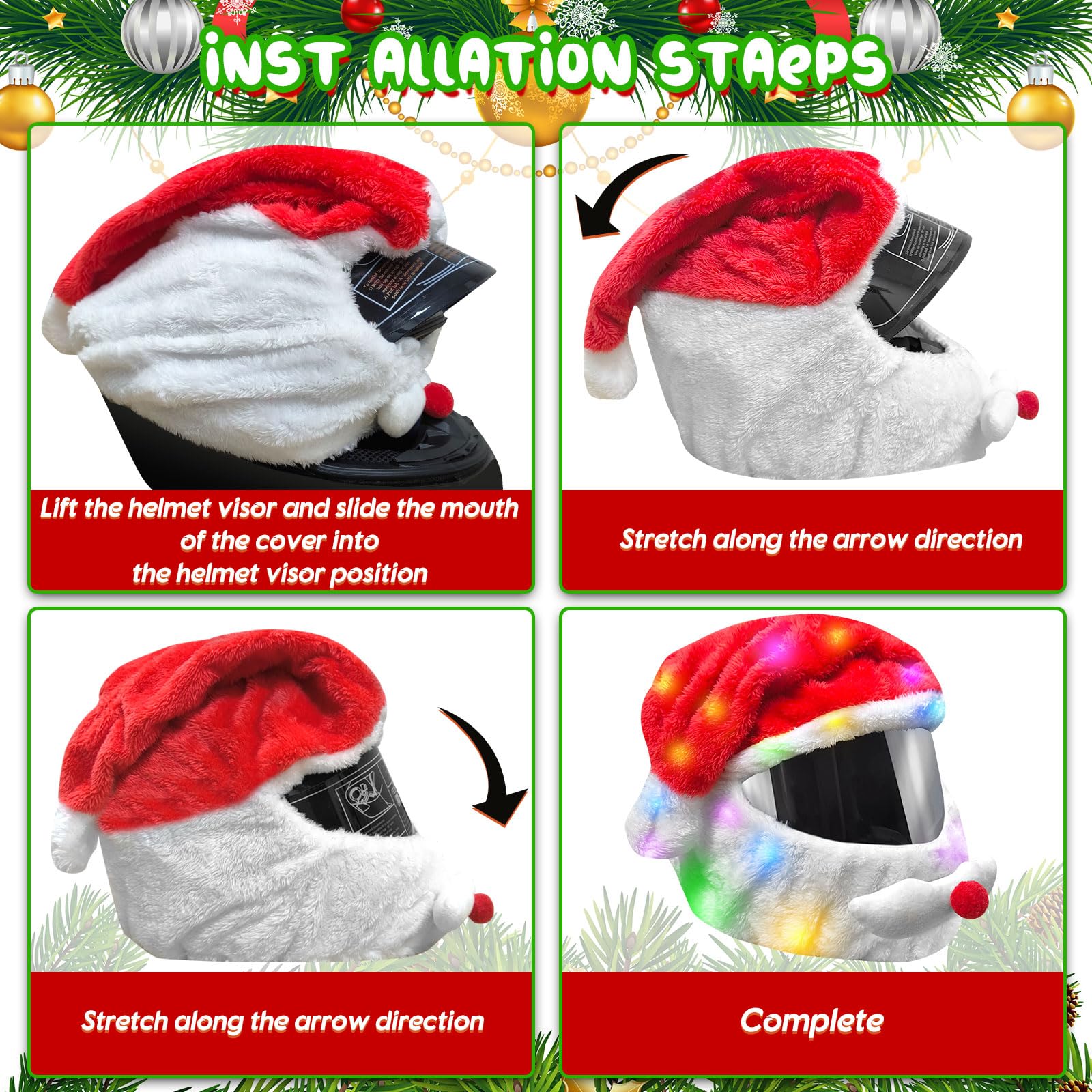 krishome Extra Large Christmas Santa Couverture de Casque de Moto Light Up décoration de Chapeau 28 x 15,8 in,Chapeau de Noël accessoires avec lumière pour hommes femmes, manèges amusants et cadeaux