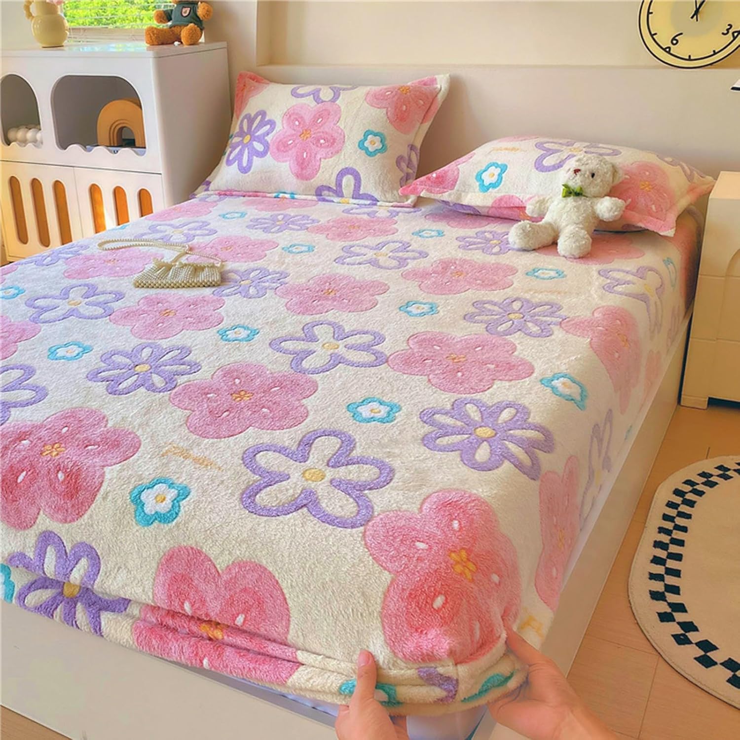 Milk Velvet Bedding Fitted Sheet, Soft Warm Velvet Mattress Cover, Elastic Bed Sheet, Cozy & Fluffy Bedding Essentials(F,47.2 * 78.7in)