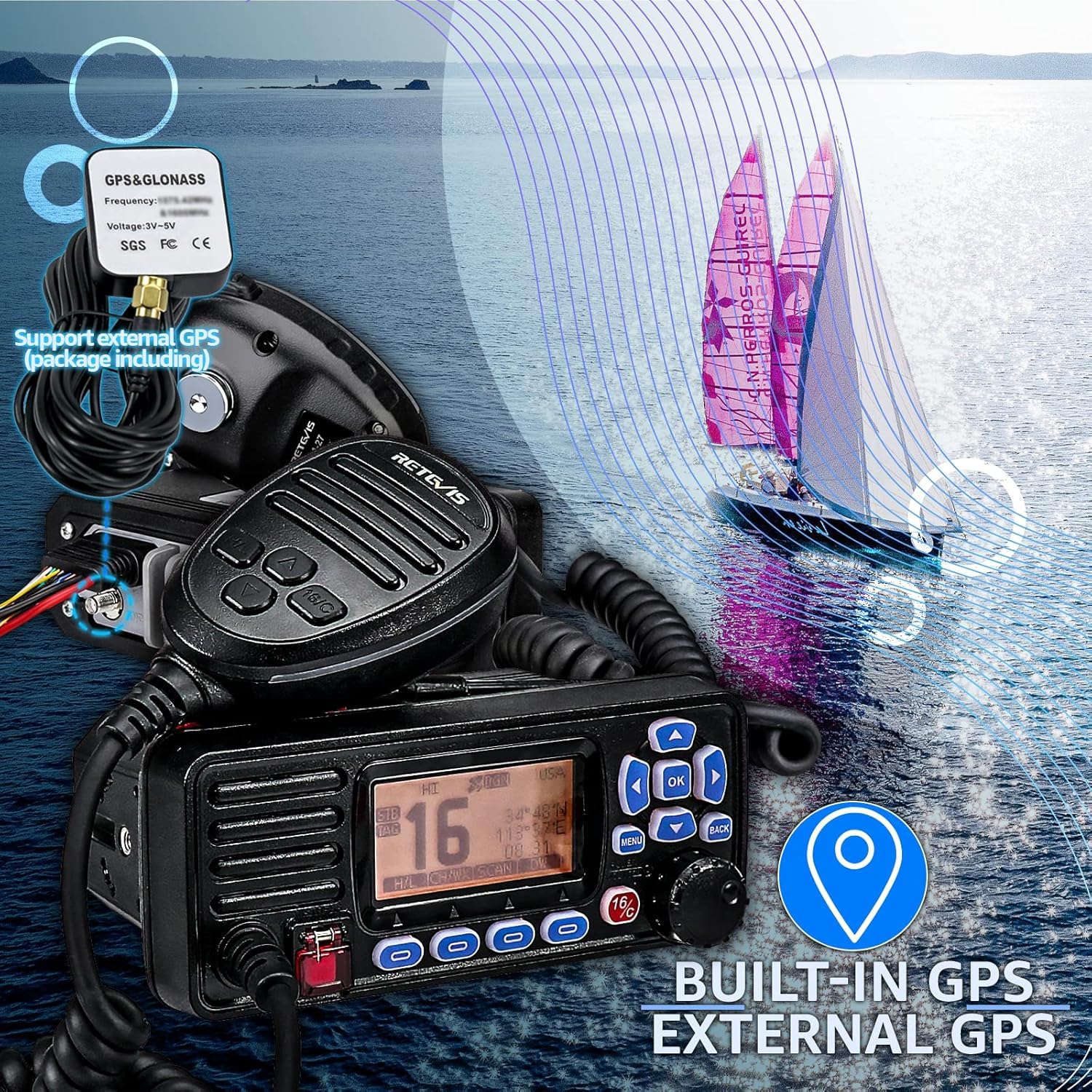 Retevis RA27 Marin Émetteur-récepteur, IP67 Étanche Talkie Walkie, Class D DSC, GPS, 88 Chaînes, Dual/Tri-Watch, Radio VHF Marine Fixe pour Yachts, Marinas (1 Pièce, Noir)