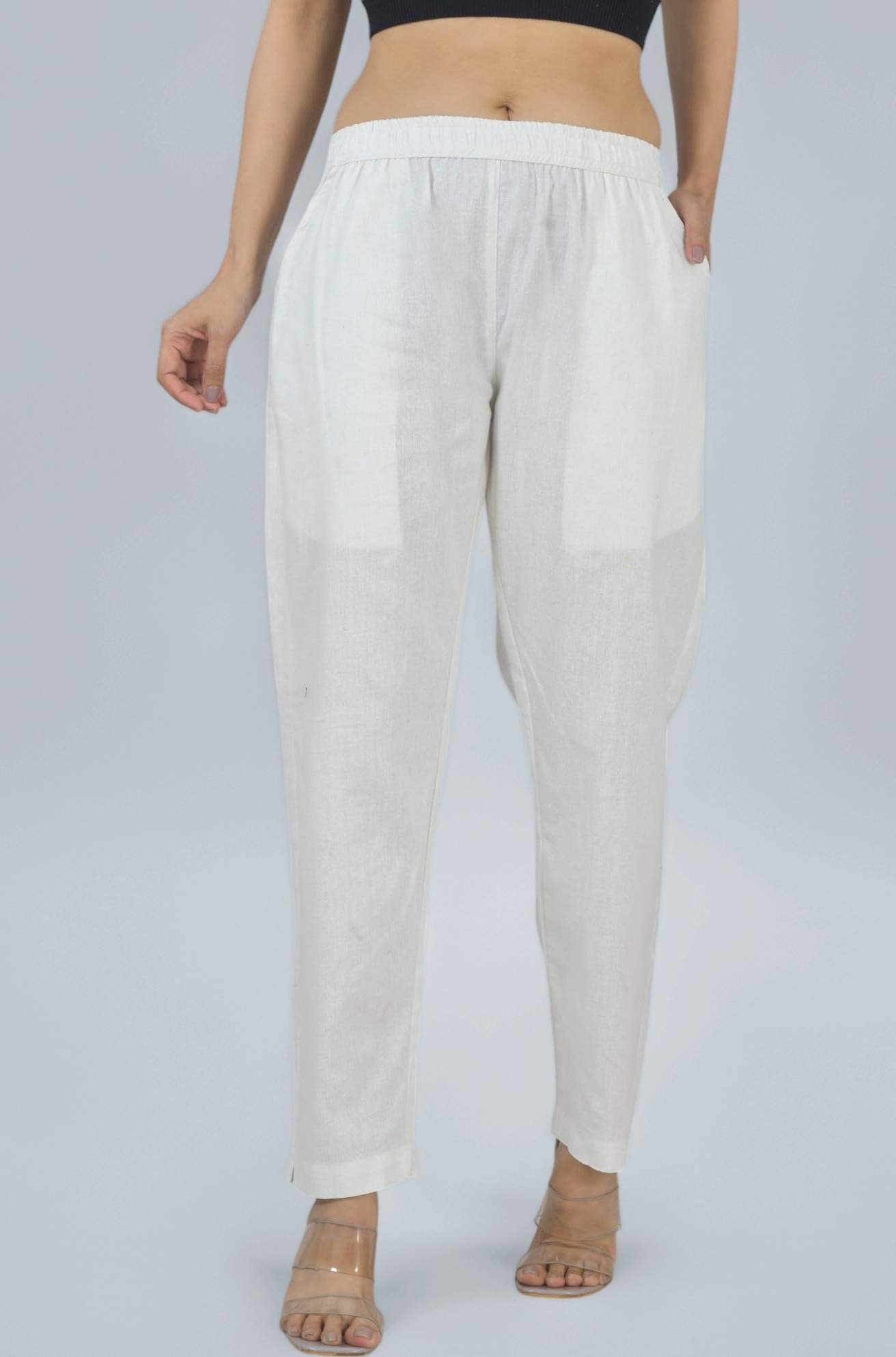 Qashida Women's Cotton Linen Pants, Regular Fit, Fully Elasticated, 2 Side Pockets